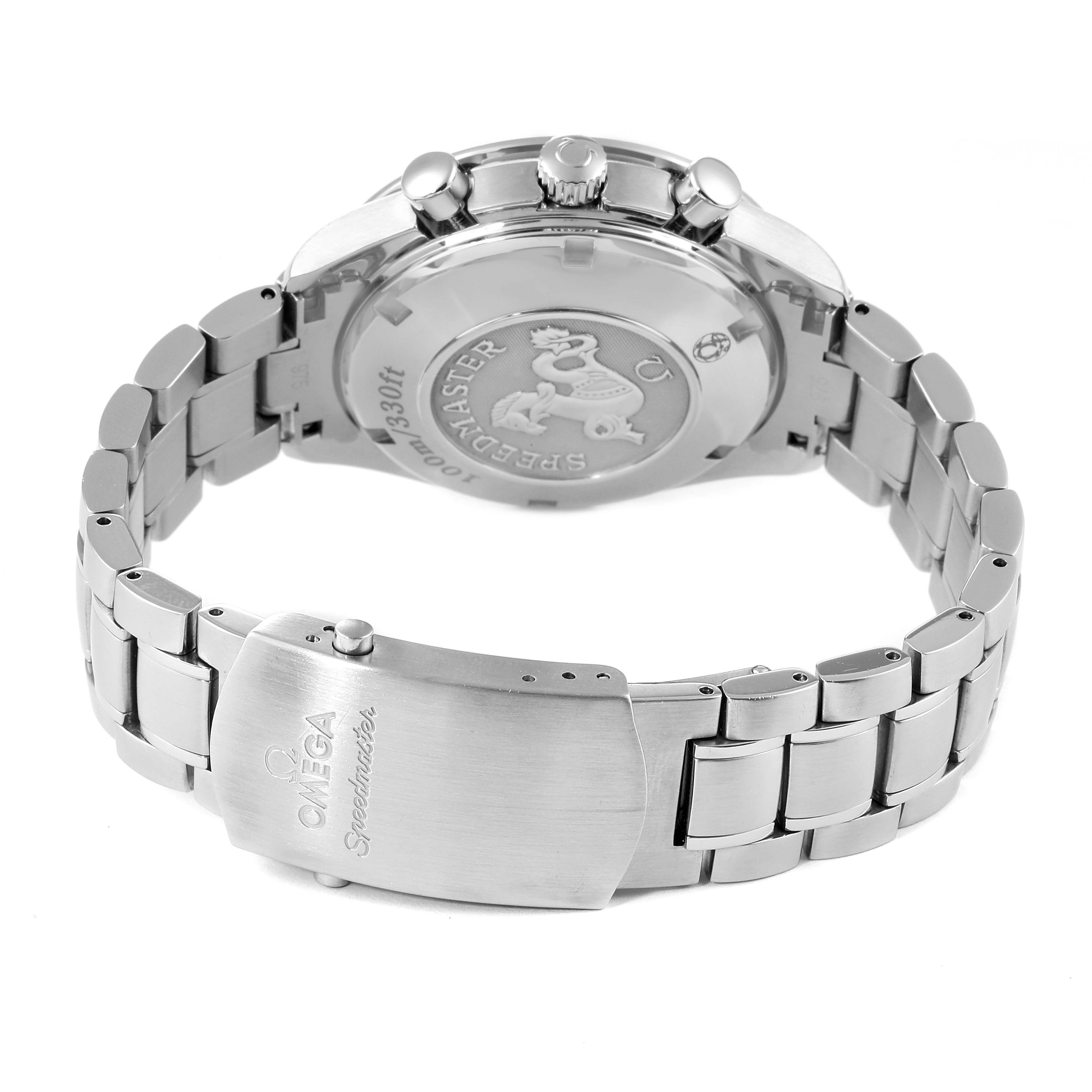 The image shows the backside and clasp of an Omega Speedmaster 323.30.40.40.04.001 Men
s Stainless Steel White Dial 323.30.40.40.04.001 Men
s Stainless Steel White Dial watch, highlighting its bracelet, case back, and engraved details.