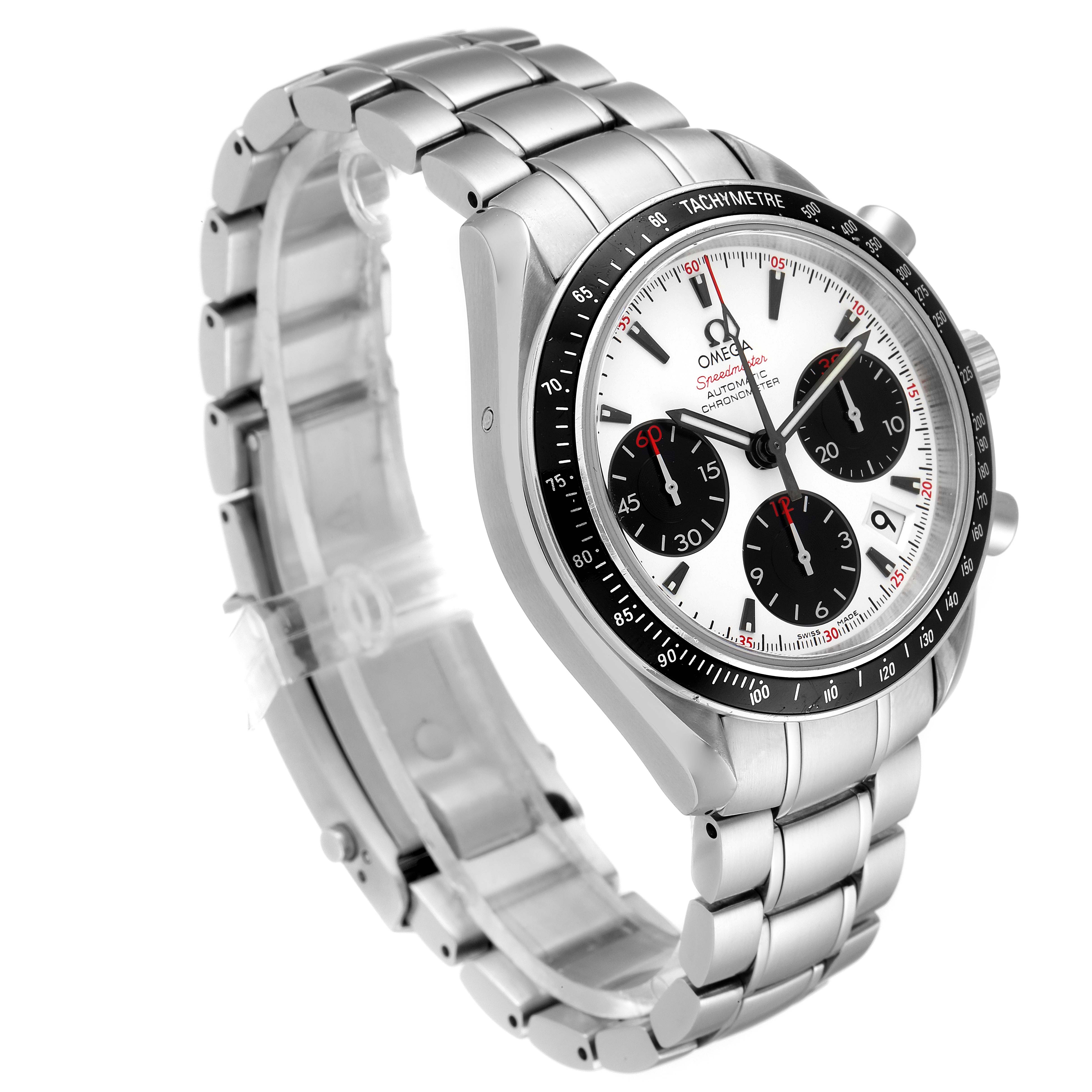 The Omega Speedmaster 323.30.40.40.04.001 Men
s Stainless Steel White Dial 323.30.40.40.04.001 Men
s Stainless Steel White Dial watch is shown at a three-quarter angle, highlighting the bezel, dial, and metal bracelet.