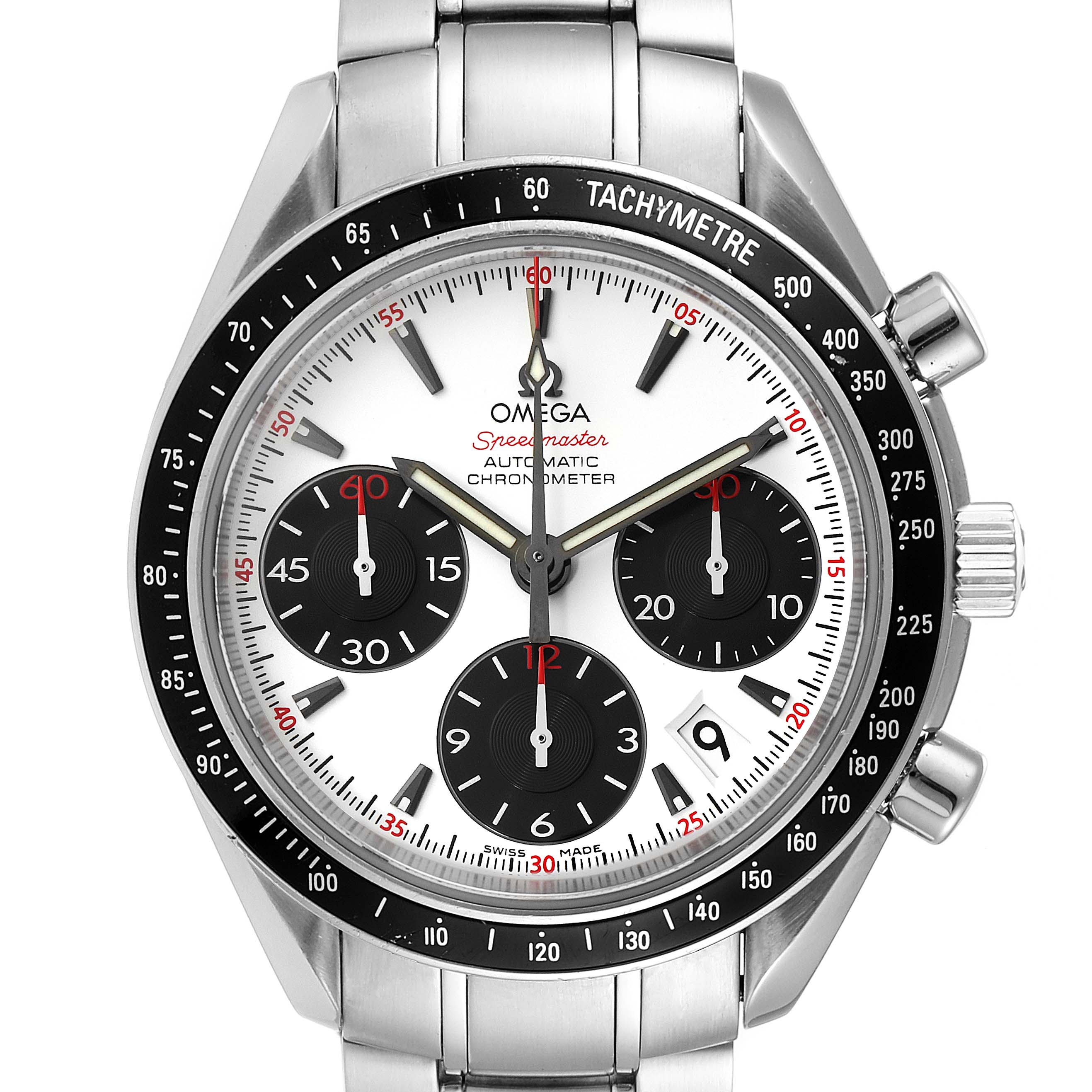 This image shows a front view of the Omega Speedmaster 323.30.40.40.04.001 Men
s Stainless Steel White Dial 323.30.40.40.04.001 Men
s Stainless Steel White Dial watch, highlighting its chronograph dials, tachymeter bezel, and date window.