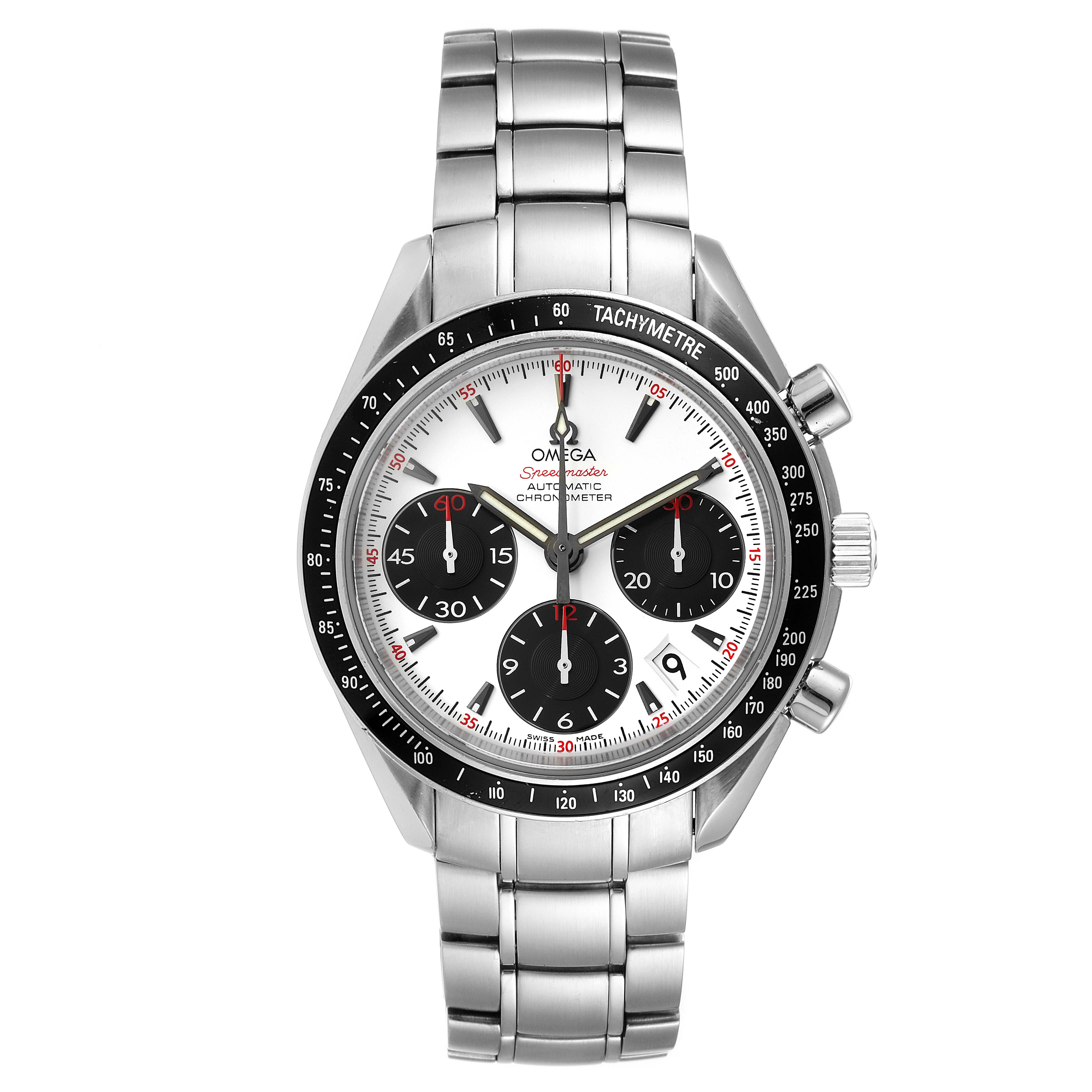 The image shows a front angle of the Omega Speedmaster 323.30.40.40.04.001 Men
s Stainless Steel White Dial 323.30.40.40.04.001 Men
s Stainless Steel White Dial watch, highlighting its face, bezel, pushers, and stainless steel bracelet.