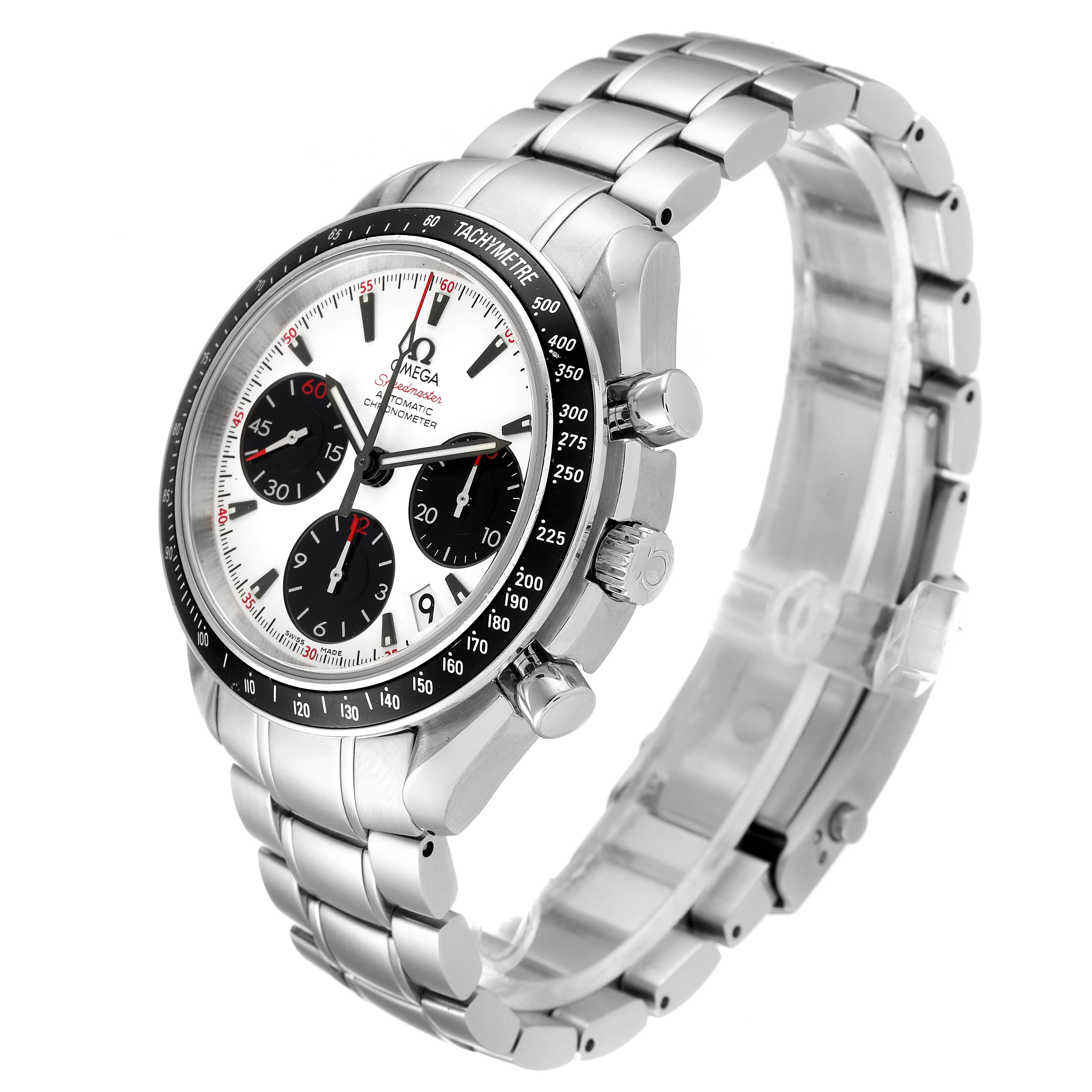 The Omega Speedmaster 323.30.40.40.04.001 Men
s Stainless Steel White Dial 323.30.40.40.04.001 Men
s Stainless Steel White Dial watch is shown at an angled side view, displaying the bracelet, case, dial, and chronograph pushers.