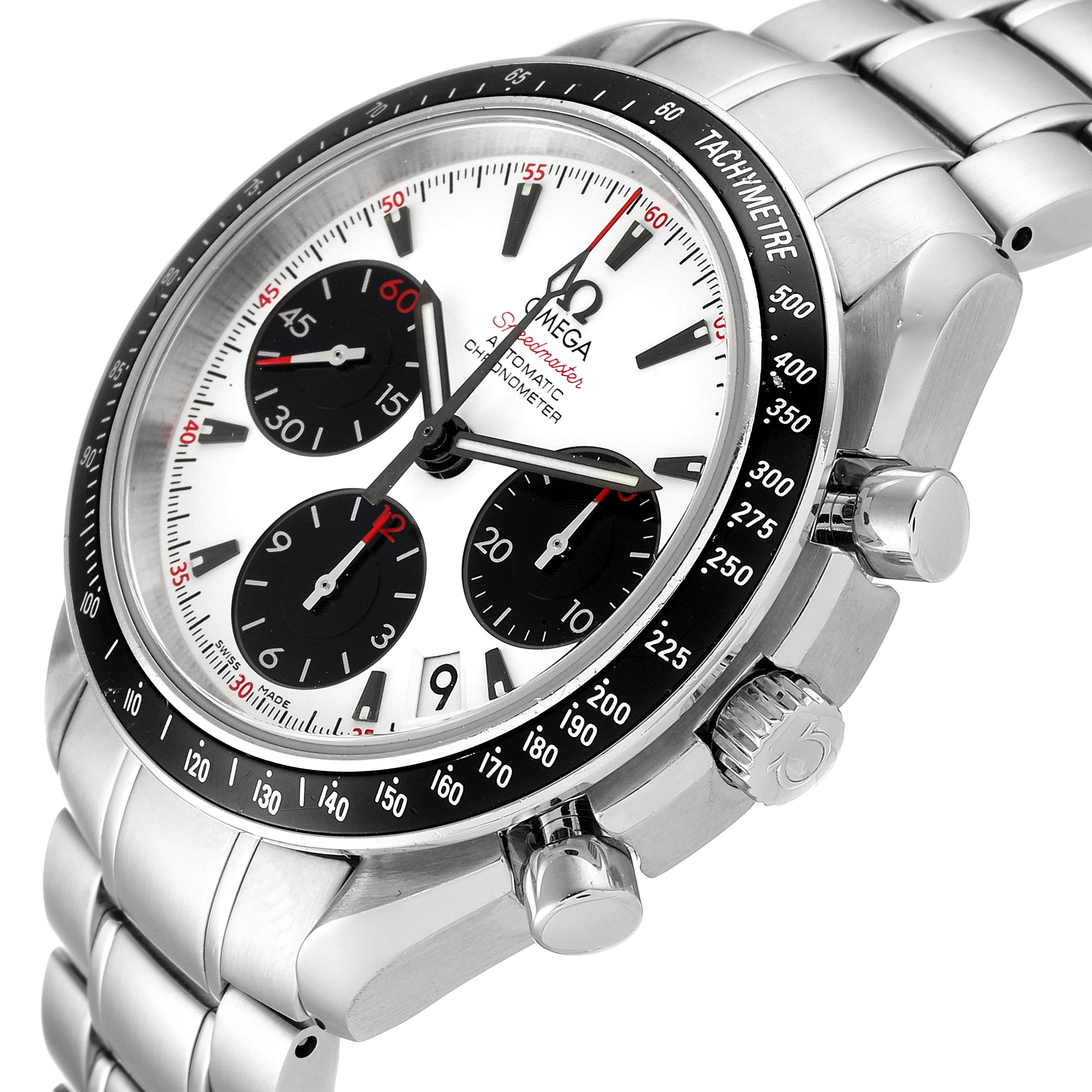 The image shows an Omega Speedmaster 323.30.40.40.04.001 Men
s Stainless Steel White Dial 323.30.40.40.04.001 Men
s Stainless Steel White Dial watch at an angled close-up, highlighting the dial, bezel, crown, and buttons.