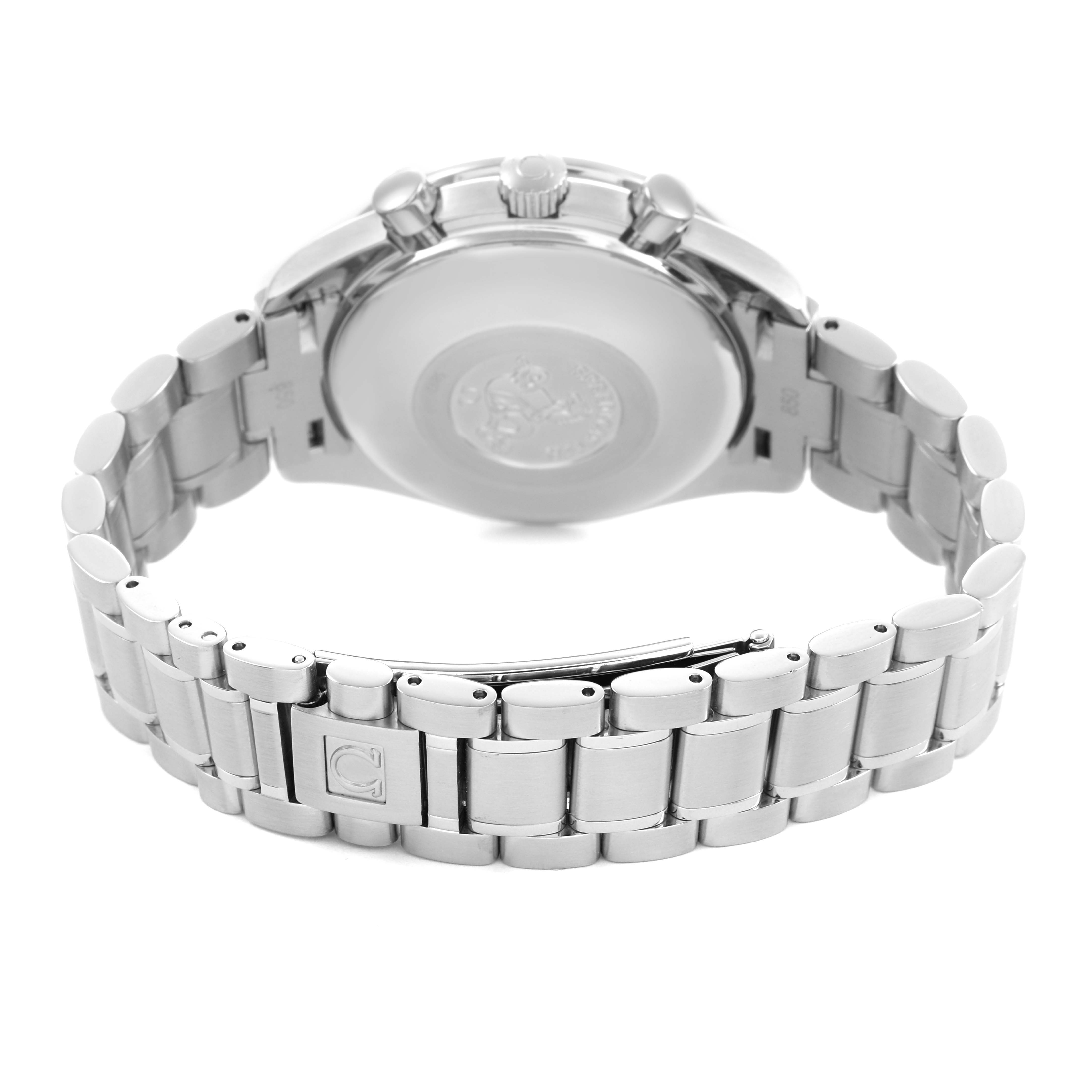 The image shows the back of an Omega Speedmaster 3210.50.00 Men's Stainless Steel Black Dial watch, highlighting the caseback, bracelet, and clasp.