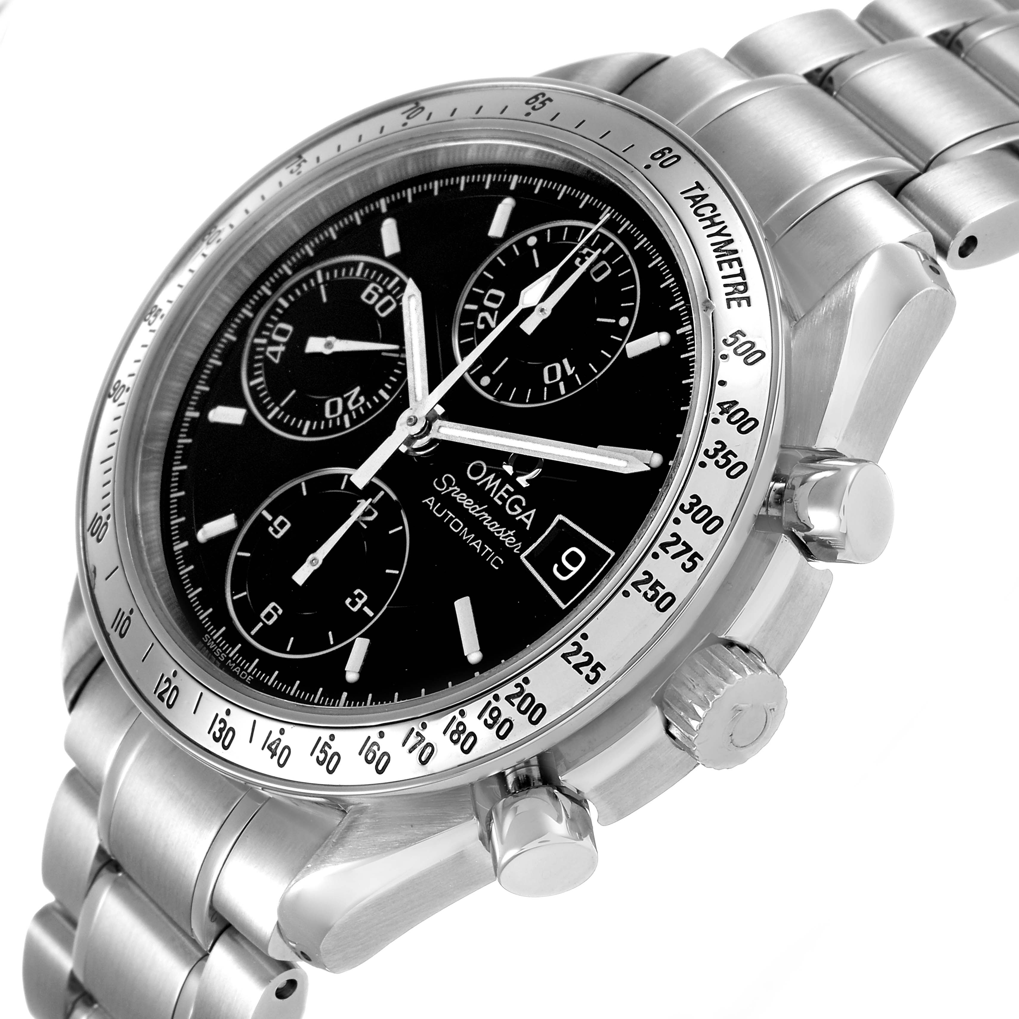 The Omega Speedmaster 3210.50.00 Men's Stainless Steel Black Dial is shown at an angled side view, displaying the bezel, dial with subdials, crown, and stainless steel bracelet.