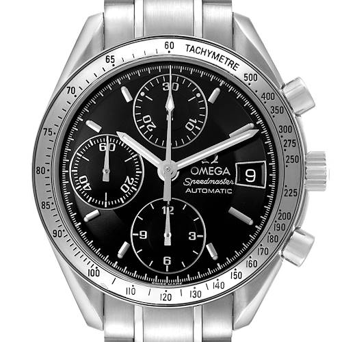 The Omega Speedmaster 3210.50.00 Men's Stainless Steel Black Dial watch is shown from a front angle, displaying its dial, tachymetre bezel, subdials, and date window.