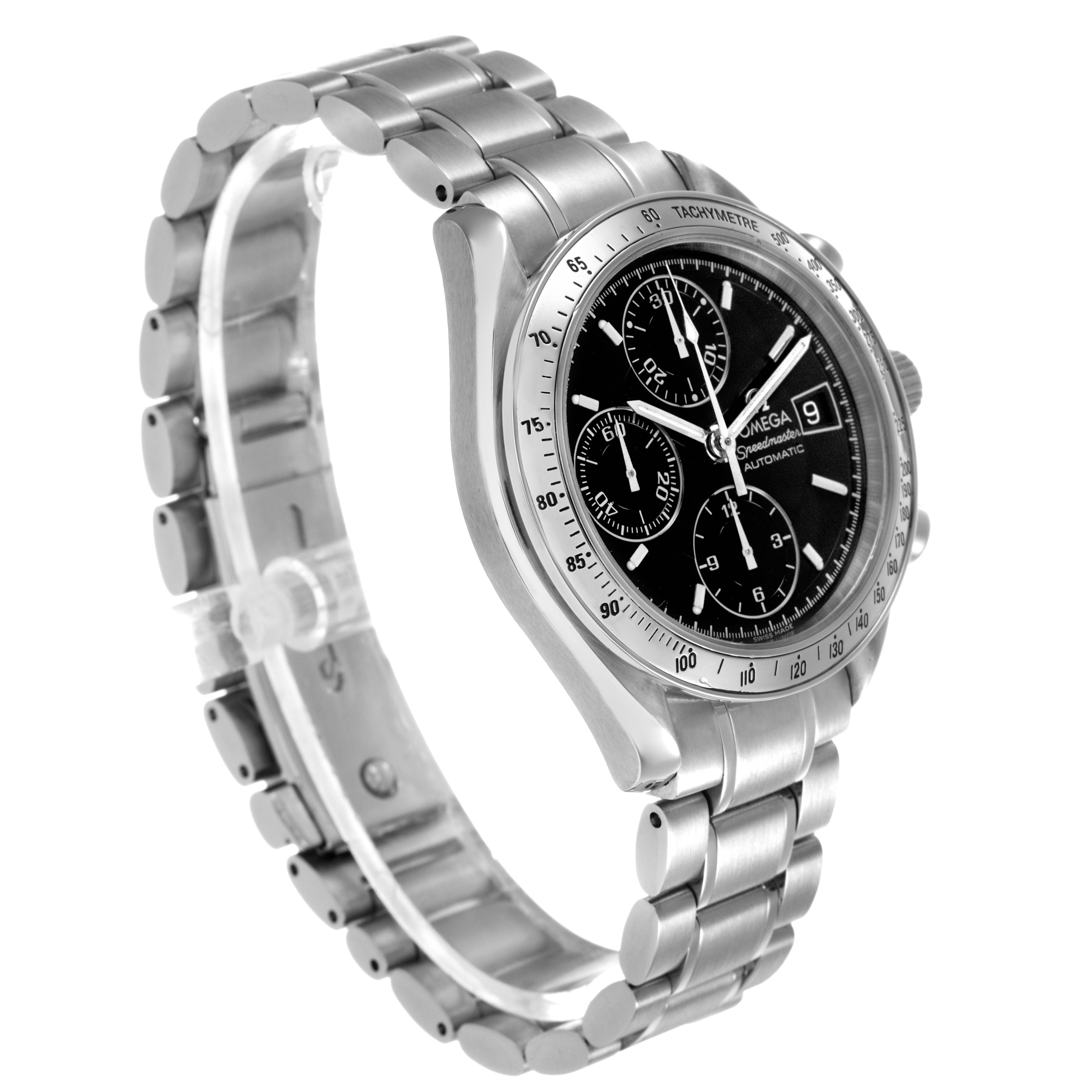 The Omega Speedmaster 3210.50.00 Men's Stainless Steel Black Dial watch is shown at a three-quarter angle, displaying the black dial, tachymeter bezel, and metal bracelet.