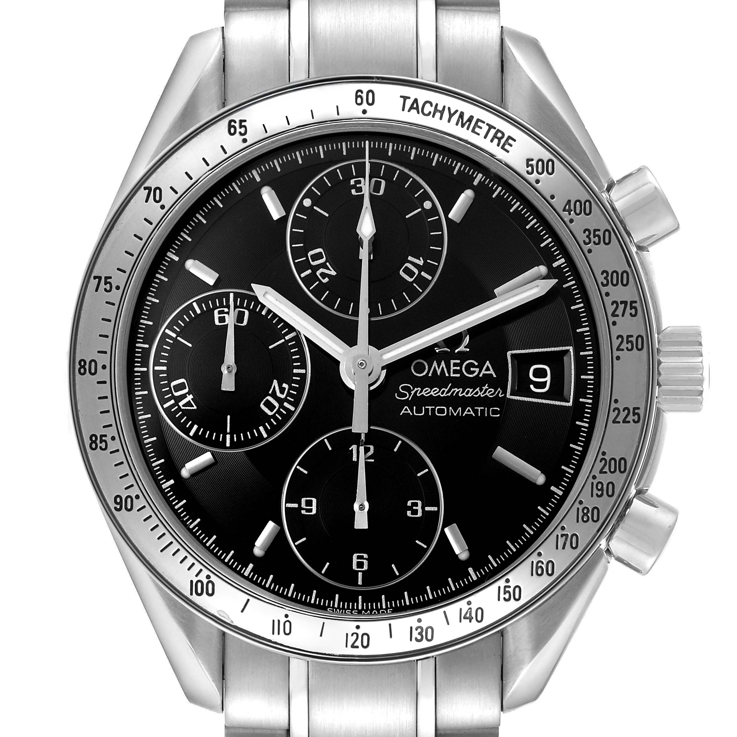 The Omega Speedmaster 3210.50.00 Men's Stainless Steel Black Dial watch is shown from the front, displaying its tachymeter bezel, subdials, and stainless steel bracelet.