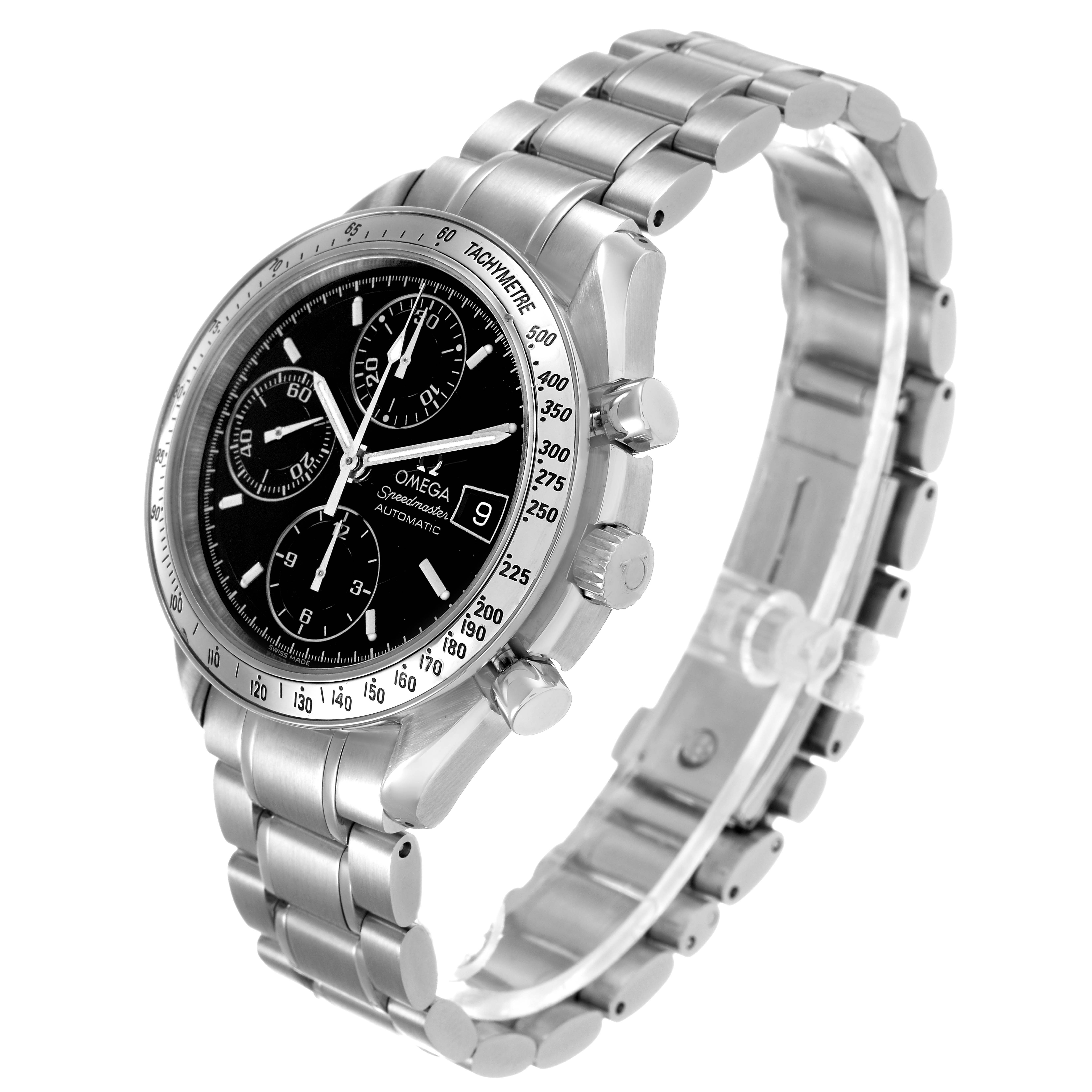 The Omega Speedmaster 3210.50.00 Men's Stainless Steel Black Dial is shown at an angled side view, displaying the bezel, dial, pushers, and bracelet.