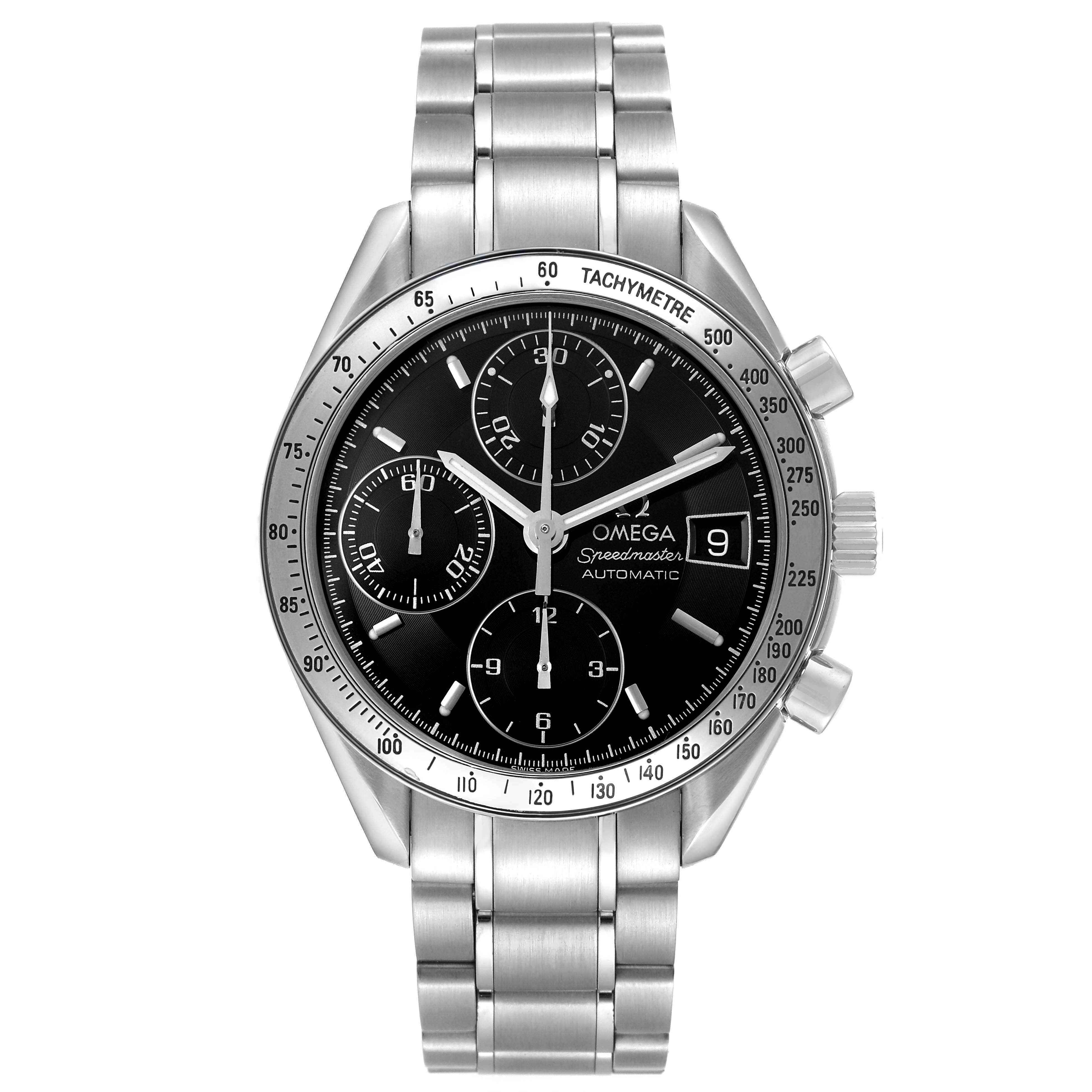 The image shows an Omega Speedmaster 3210.50.00 Men's Stainless Steel Black Dial watch head-on, highlighting its dial, bezel, and metal bracelet.