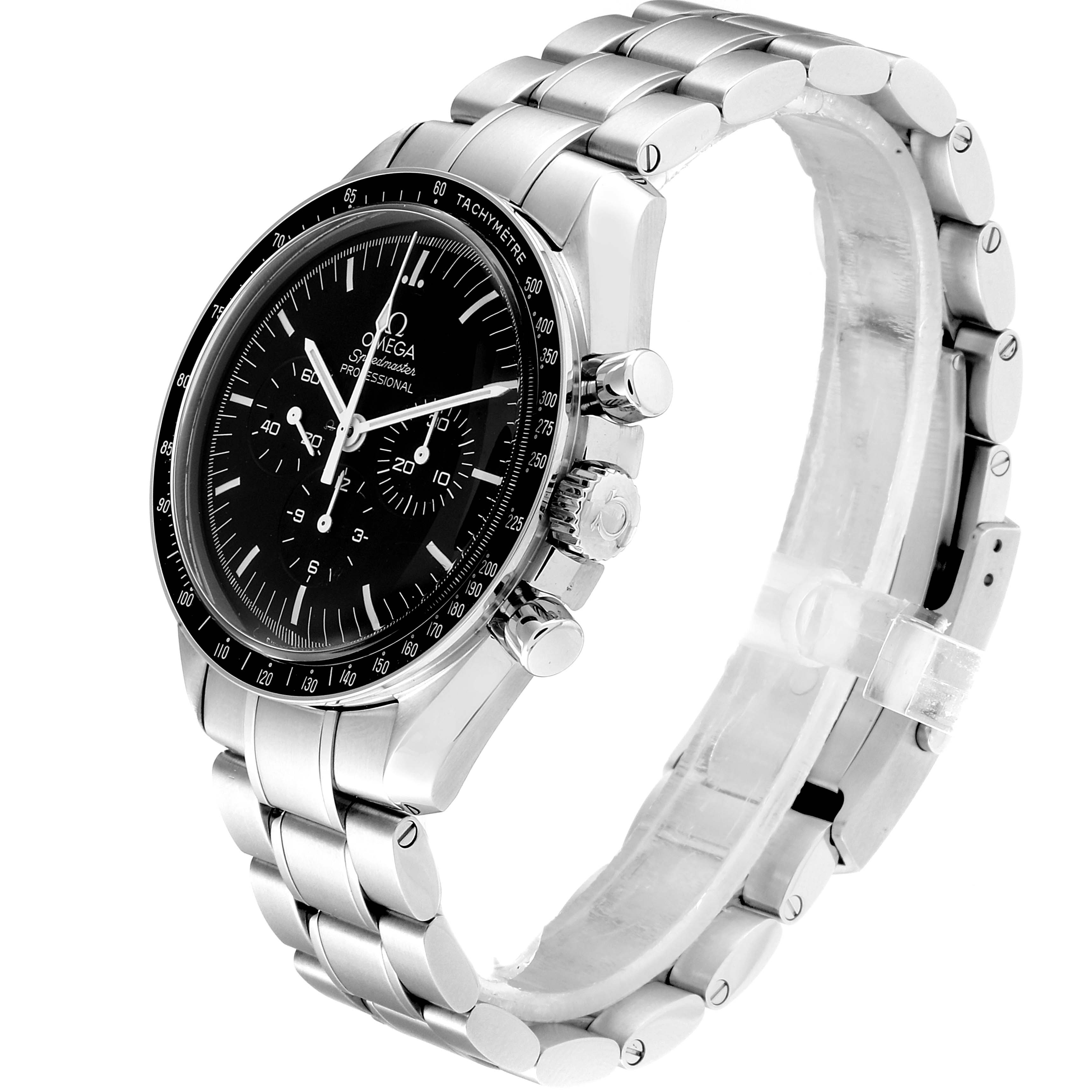 The Omega Speedmaster 311.30.42.30.01.005 Men
s Stainless Steel Black Dial 311.30.42.30.01.005 Men
s Stainless Steel Black Dial watch is shown at a three-quarter angle, highlighting the dial, bezel, crown, pushers, and bracelet.