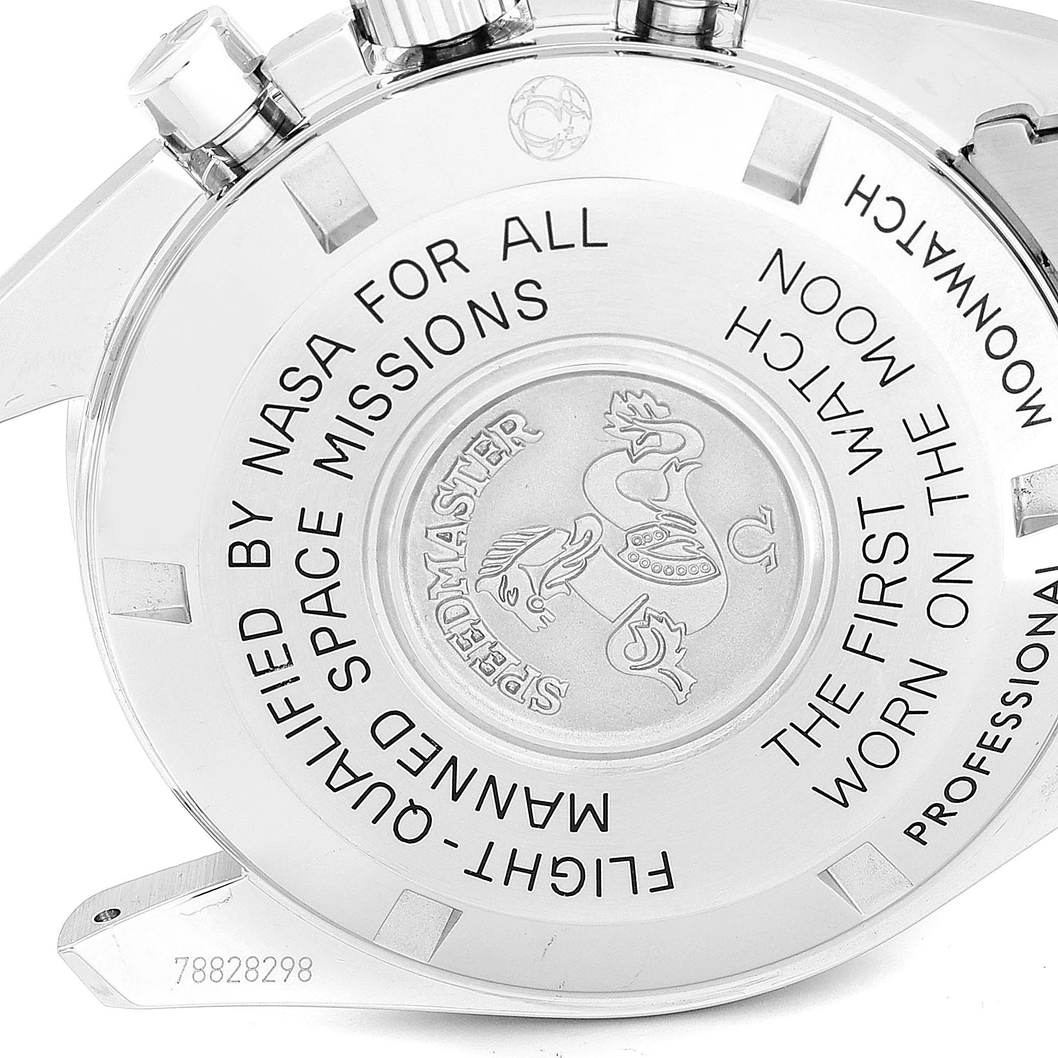 The image shows the back casing of an Omega Speedmaster 311.30.42.30.01.005 Men
s Stainless Steel Black Dial 311.30.42.30.01.005 Men
s Stainless Steel Black Dial, highlighting engraved text and the emblem.