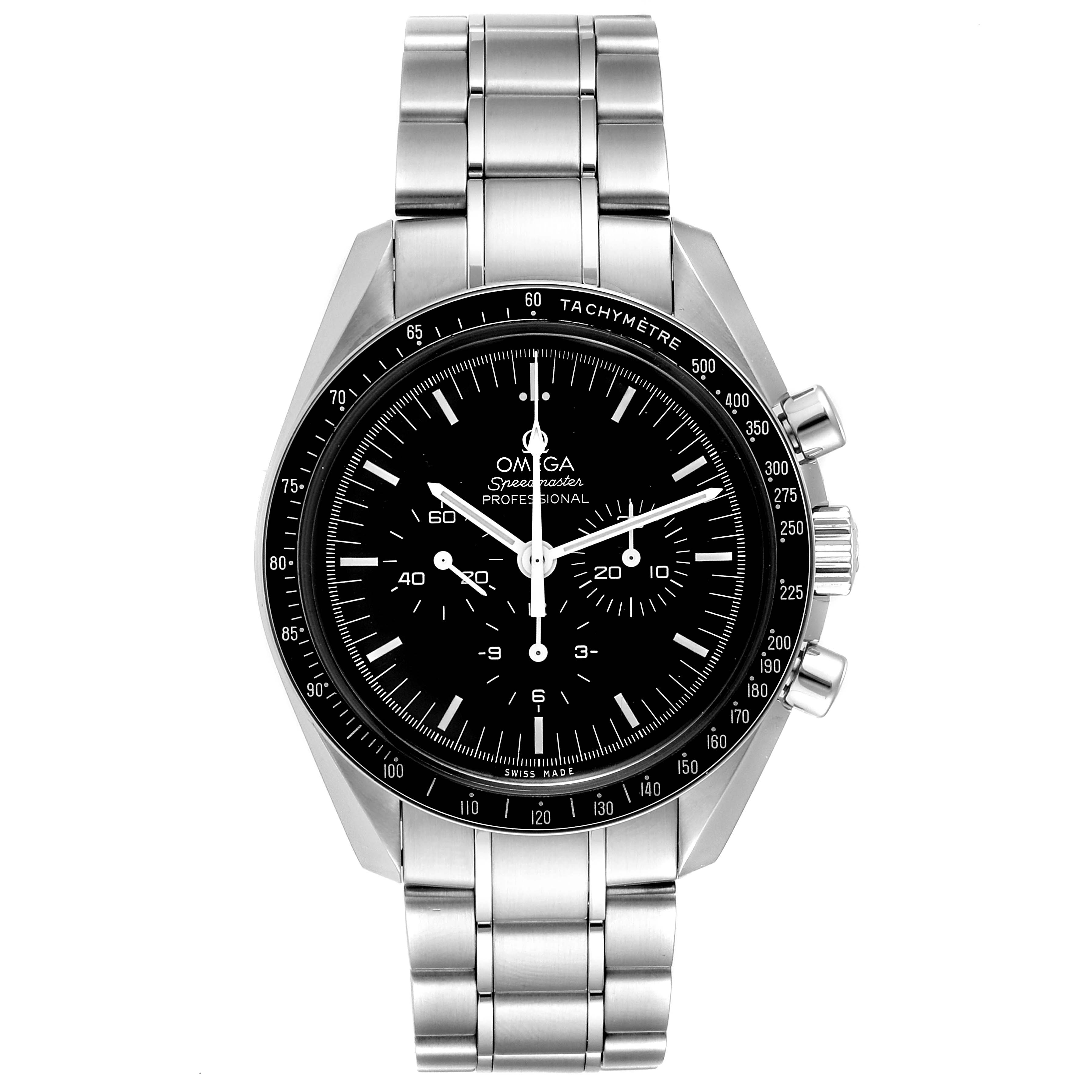 The image shows a front view of an Omega Speedmaster 311.30.42.30.01.005 Men
s Stainless Steel Black Dial 311.30.42.30.01.005 Men
s Stainless Steel Black Dial watch with a stainless steel bracelet and black dial.