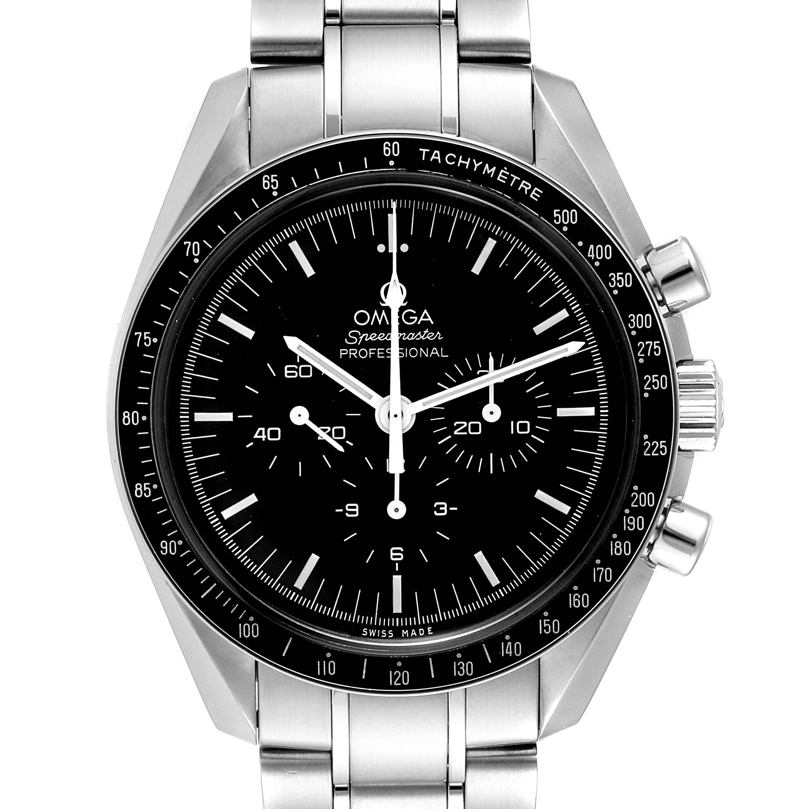 The image shows a front view of the Omega Speedmaster 311.30.42.30.01.005 Men
s Stainless Steel Black Dial 311.30.42.30.01.005 Men
s Stainless Steel Black Dial watch, highlighting its black dial, tachymeter bezel, and stainless steel bracelet.