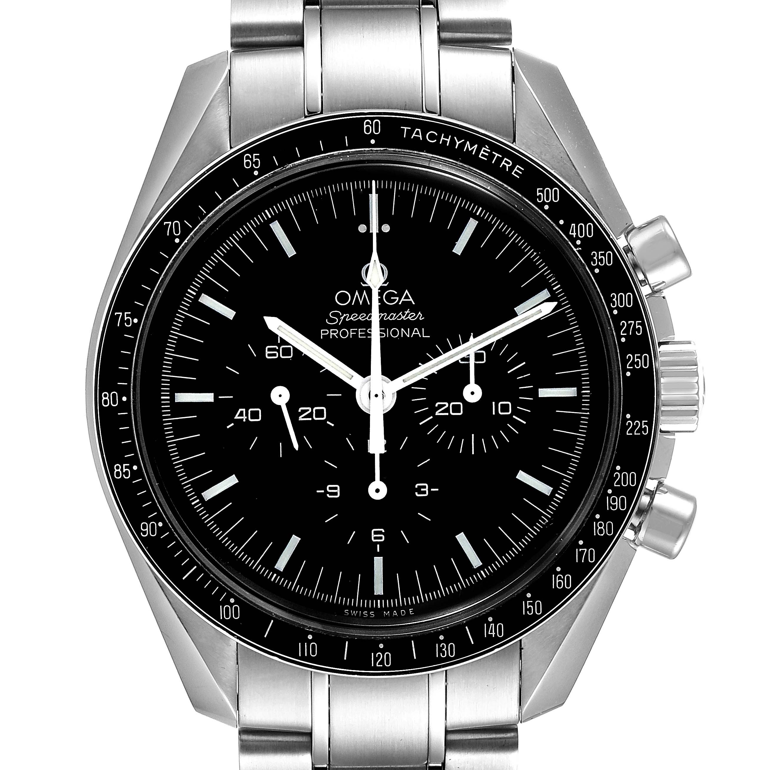This image shows a front view of the Omega Speedmaster 311.30.42.30.01.005 Men
s Stainless Steel Black Dial 311.30.42.30.01.005 Men
s Stainless Steel Black Dial watch, highlighting its tachymeter bezel, chronograph subdials, and stainless steel bracelet.