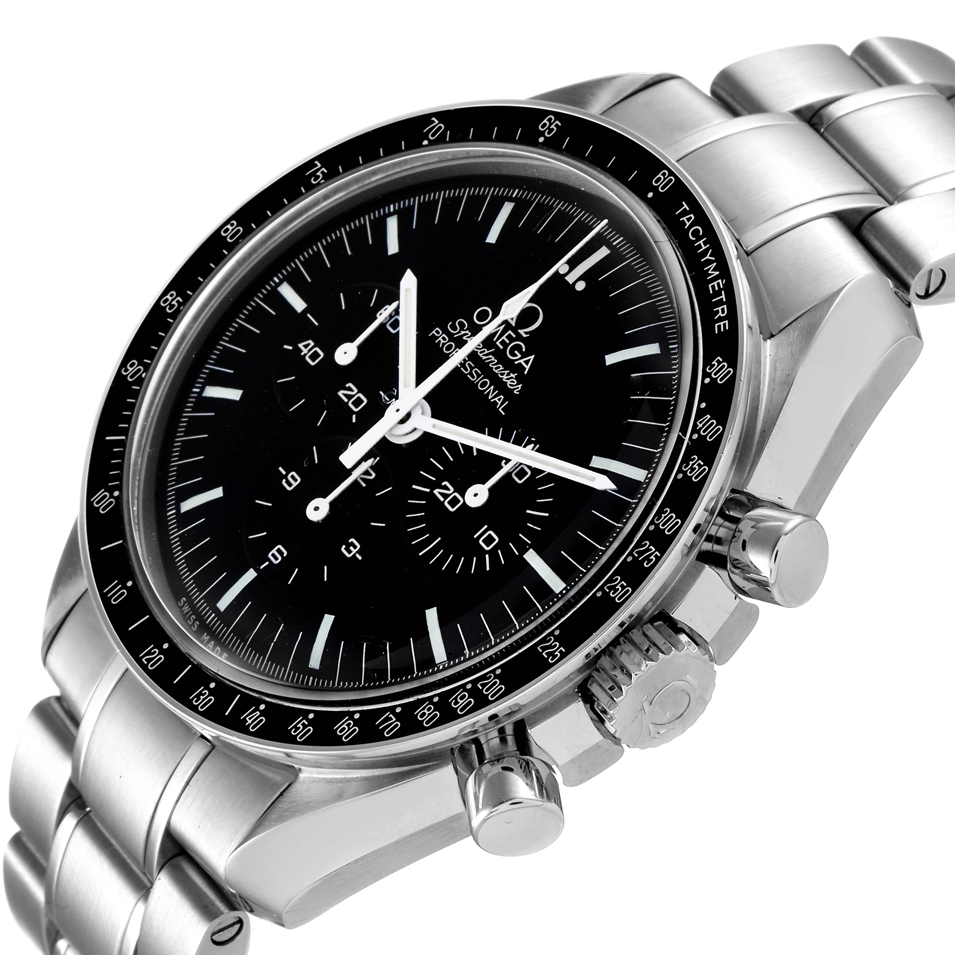 This image shows the Omega Speedmaster 311.30.42.30.01.005 Men
s Stainless Steel Black Dial 311.30.42.30.01.005 Men
s Stainless Steel Black Dial watch at an angled view highlighting the face, bezel, bracelet, and pushers.