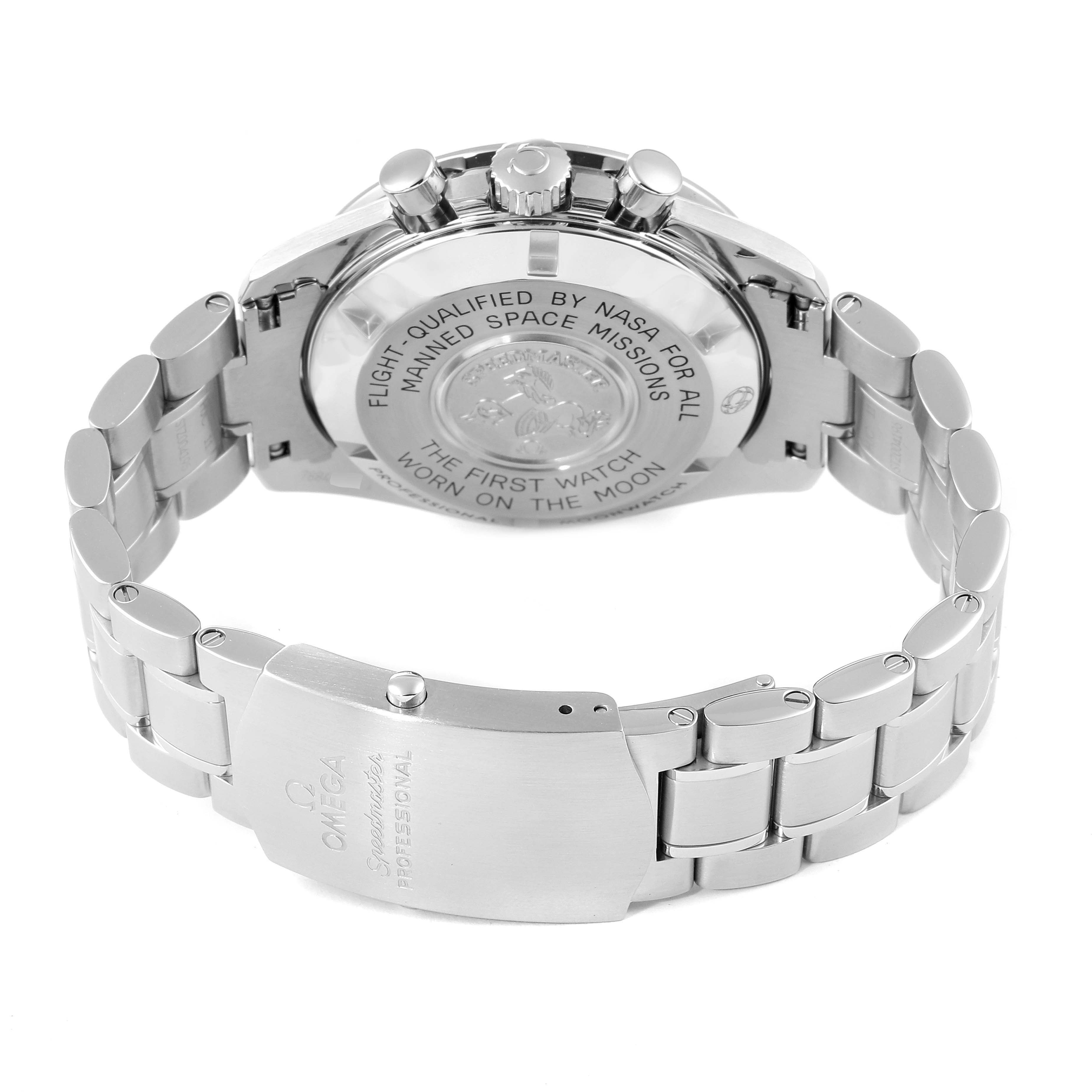 The image shows a rear angle of the Omega Speedmaster 311.30.42.30.01.005 Men
s Stainless Steel Black Dial 311.30.42.30.01.005 Men
s Stainless Steel Black Dial watch, highlighting its case back, bracelet, and clasp.