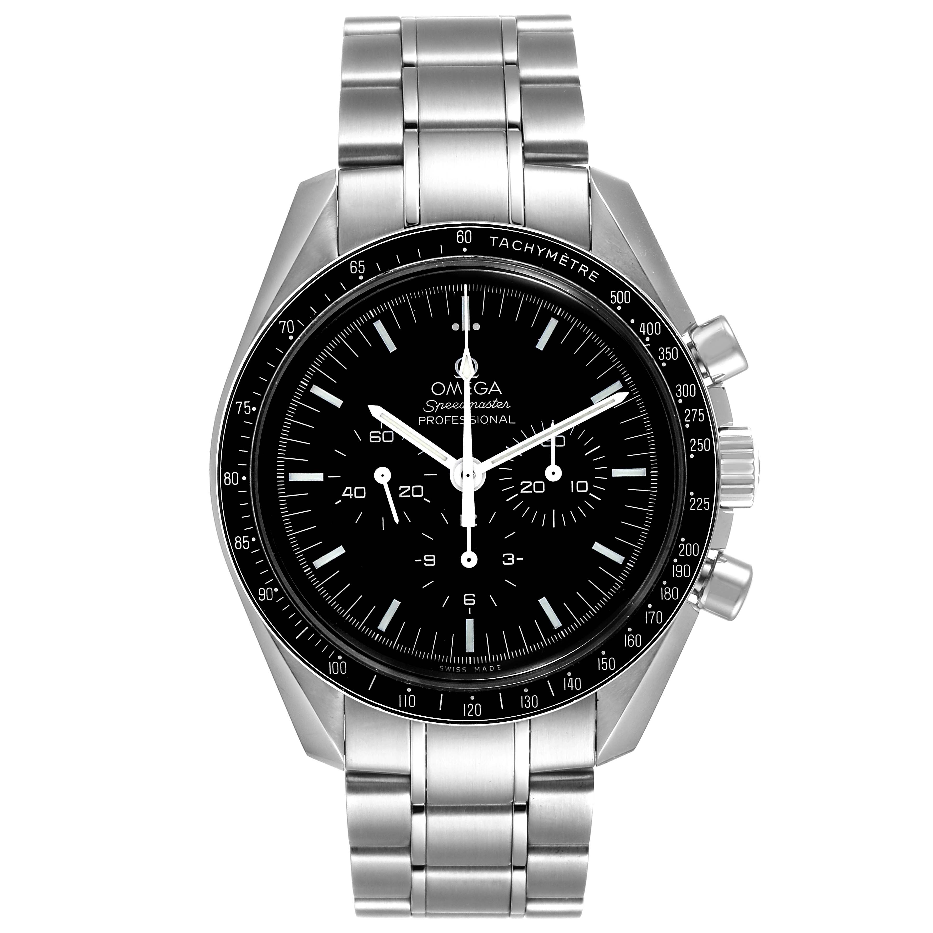 This Omega Speedmaster 311.30.42.30.01.005 Men
s Stainless Steel Black Dial 311.30.42.30.01.005 Men
s Stainless Steel Black Dial watch is shown from a top-down angle, displaying its face, bezel, and metal bracelet.