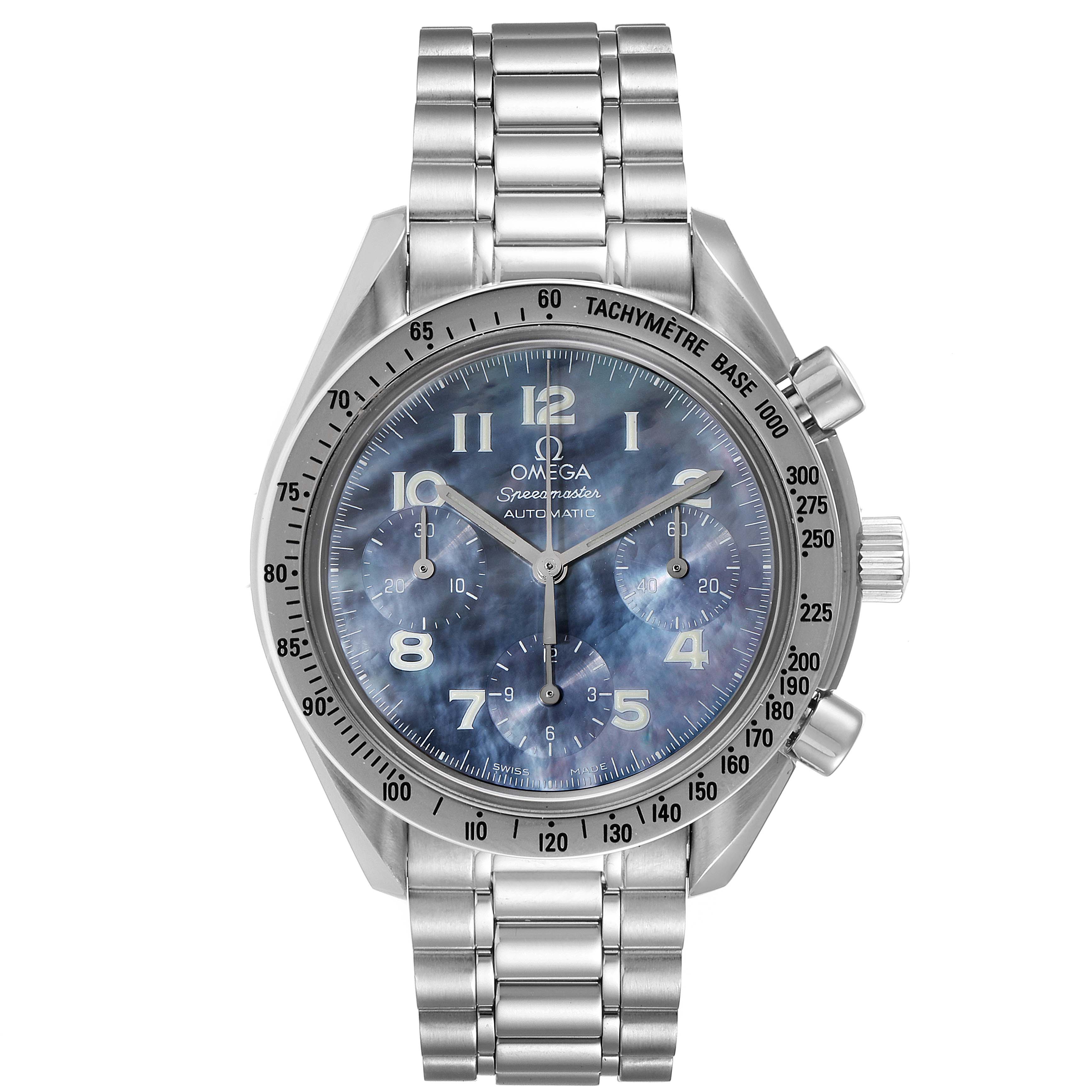 The image shows a direct front view of an Omega Speedmaster 3502.73.00 Men's Stainless Steel Mother of Pearl Dial 3502.73.00 Men's Stainless Steel Mother of Pearl Dial watch, featuring a metal bracelet, dials, and tachymeter.