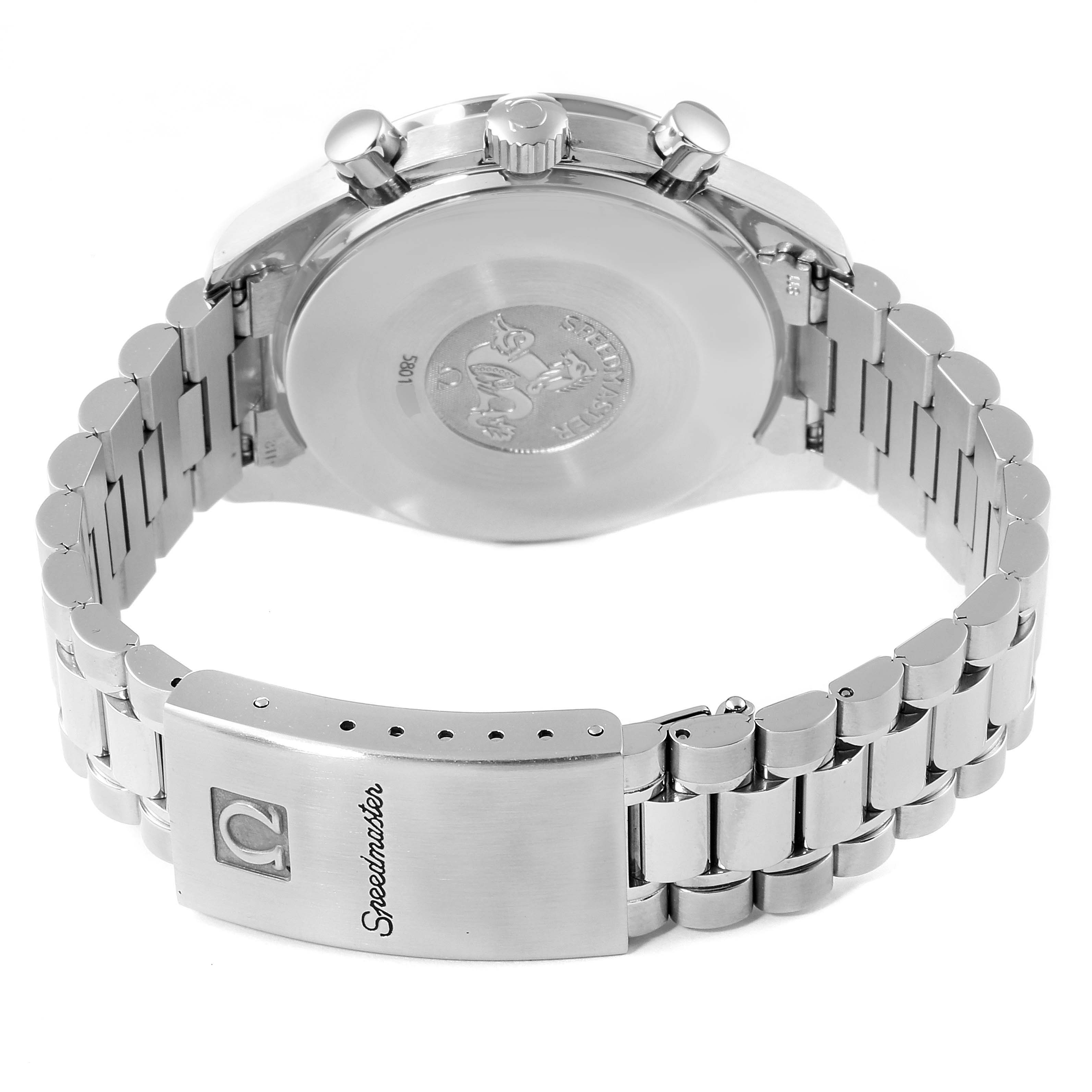 The image shows the back view of the Omega Speedmaster 3502.73.00 Men's Stainless Steel Mother of Pearl Dial 3502.73.00 Men's Stainless Steel Mother of Pearl Dial watch, highlighting the stainless steel case, bracelet, and clasp.