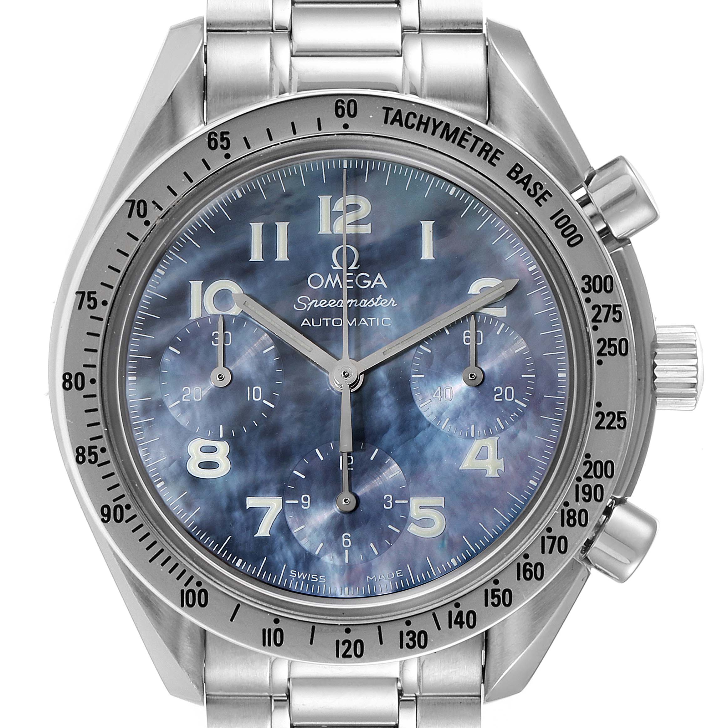 The image shows a front view of an Omega Speedmaster 3502.73.00 Men's Stainless Steel Mother of Pearl Dial 3502.73.00 Men's Stainless Steel Mother of Pearl Dial watch, highlighting its dial, bezel, and stainless steel bracelet.