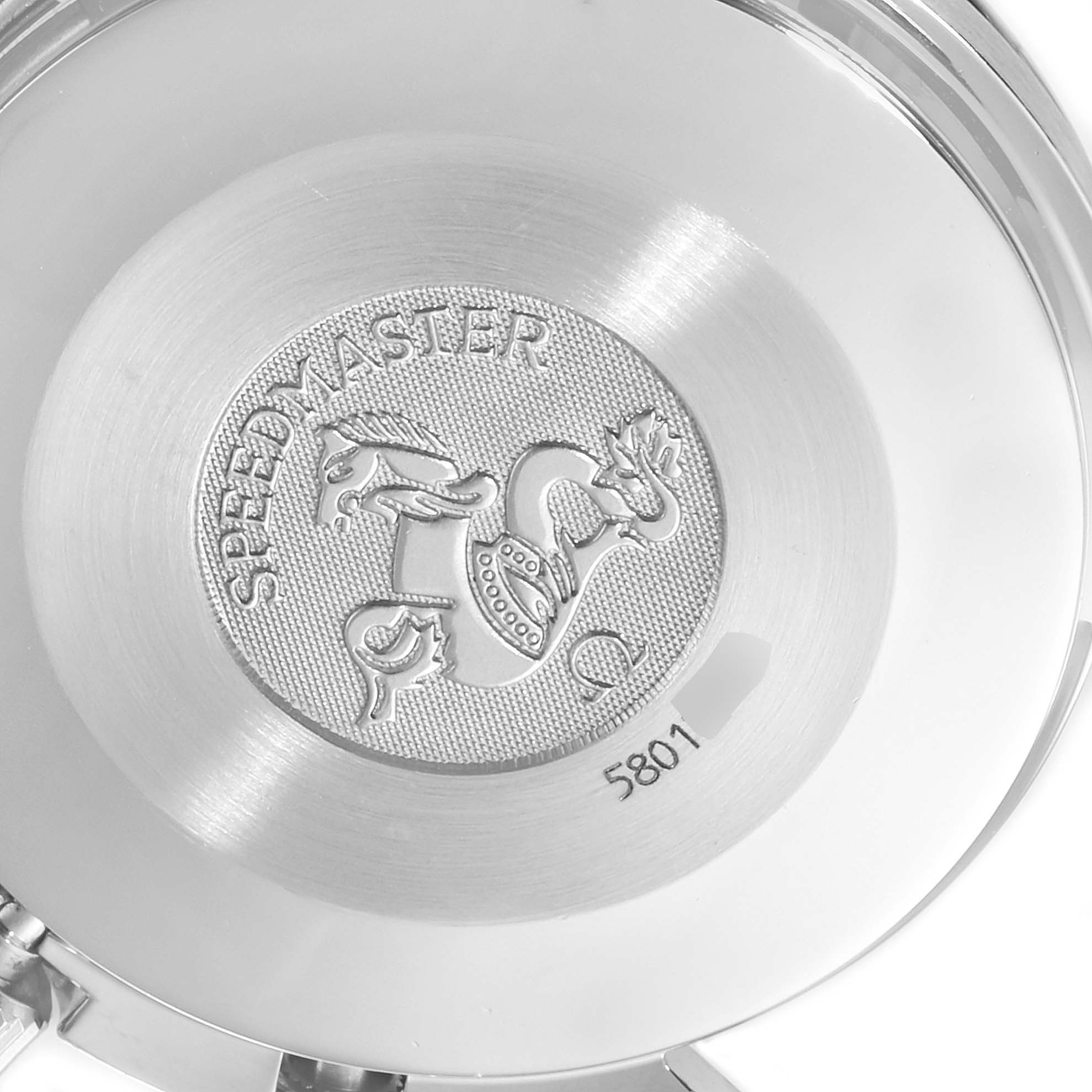 The image shows the case back of an Omega Speedmaster 3502.73.00 Men's Stainless Steel Mother of Pearl Dial 3502.73.00 Men's Stainless Steel Mother of Pearl Dial watch, highlighting its engraved logo and text.