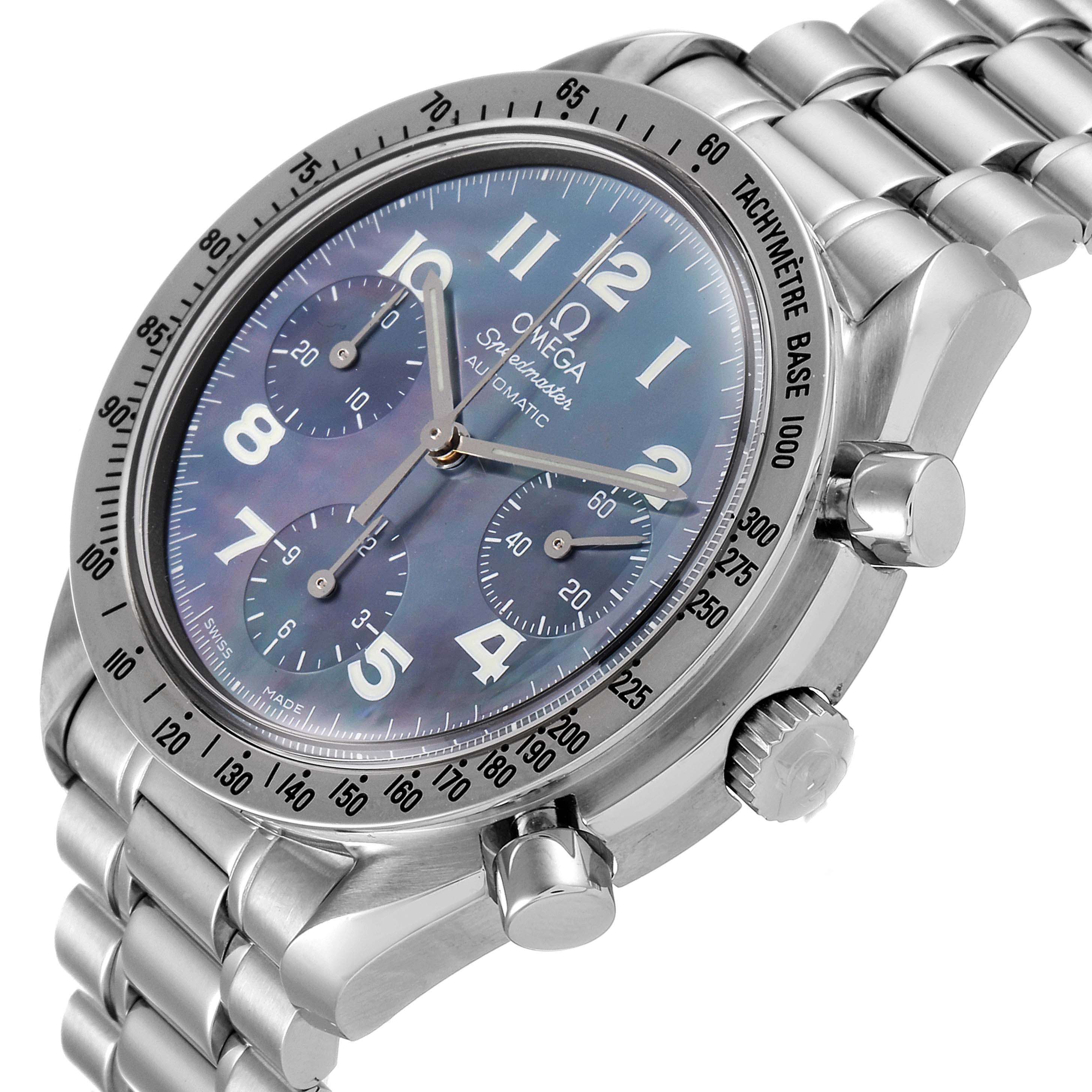The image shows an Omega Speedmaster 3502.73.00 Men's Stainless Steel Mother of Pearl Dial 3502.73.00 Men's Stainless Steel Mother of Pearl Dial watch at an angled close-up, highlighting its dial, bezel, crown, and bracelet.