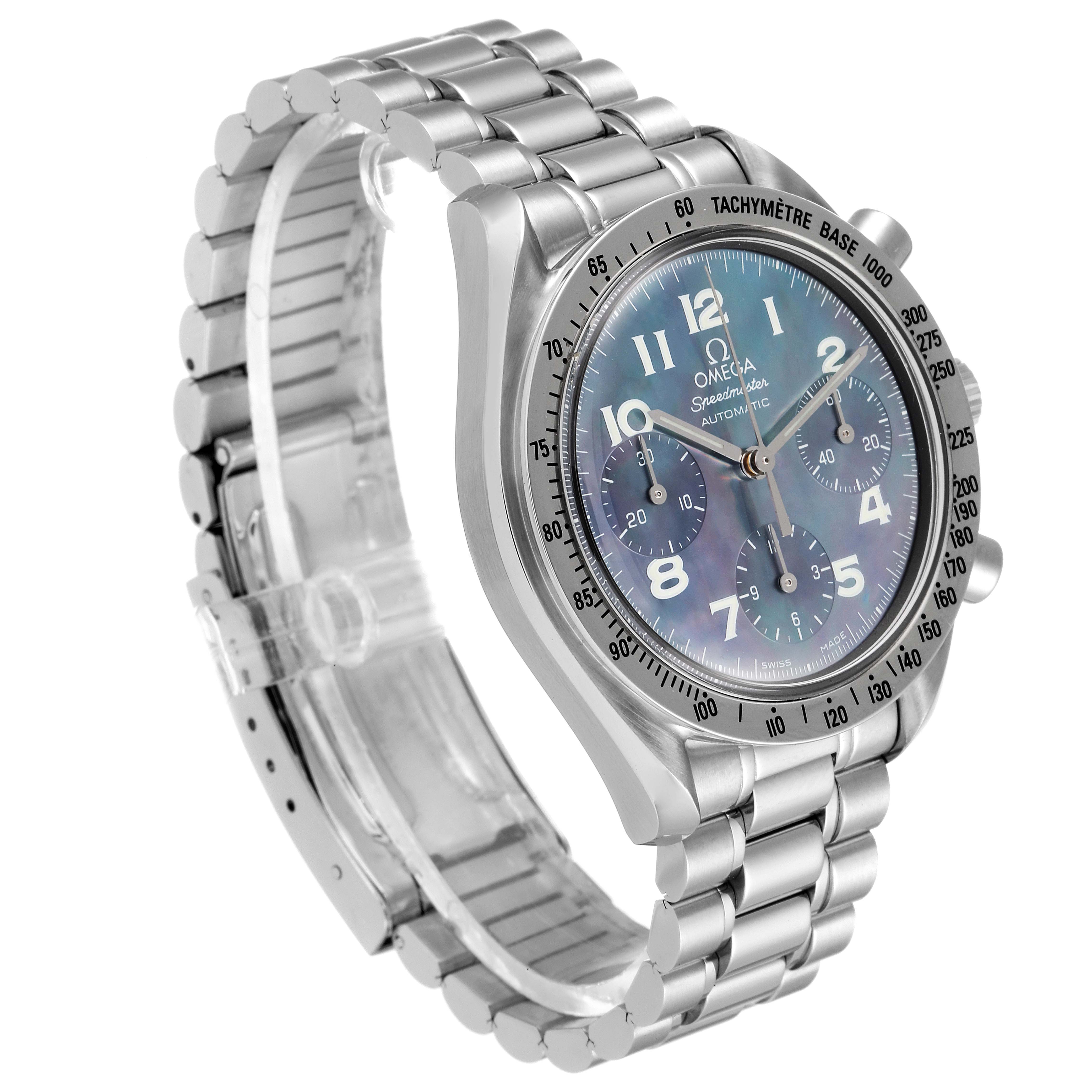 This Omega Speedmaster 3502.73.00 Men's Stainless Steel Mother of Pearl Dial 3502.73.00 Men's Stainless Steel Mother of Pearl Dial watch is shown at an angled side view, highlighting its bracelet, dial, and tachymeter bezel.