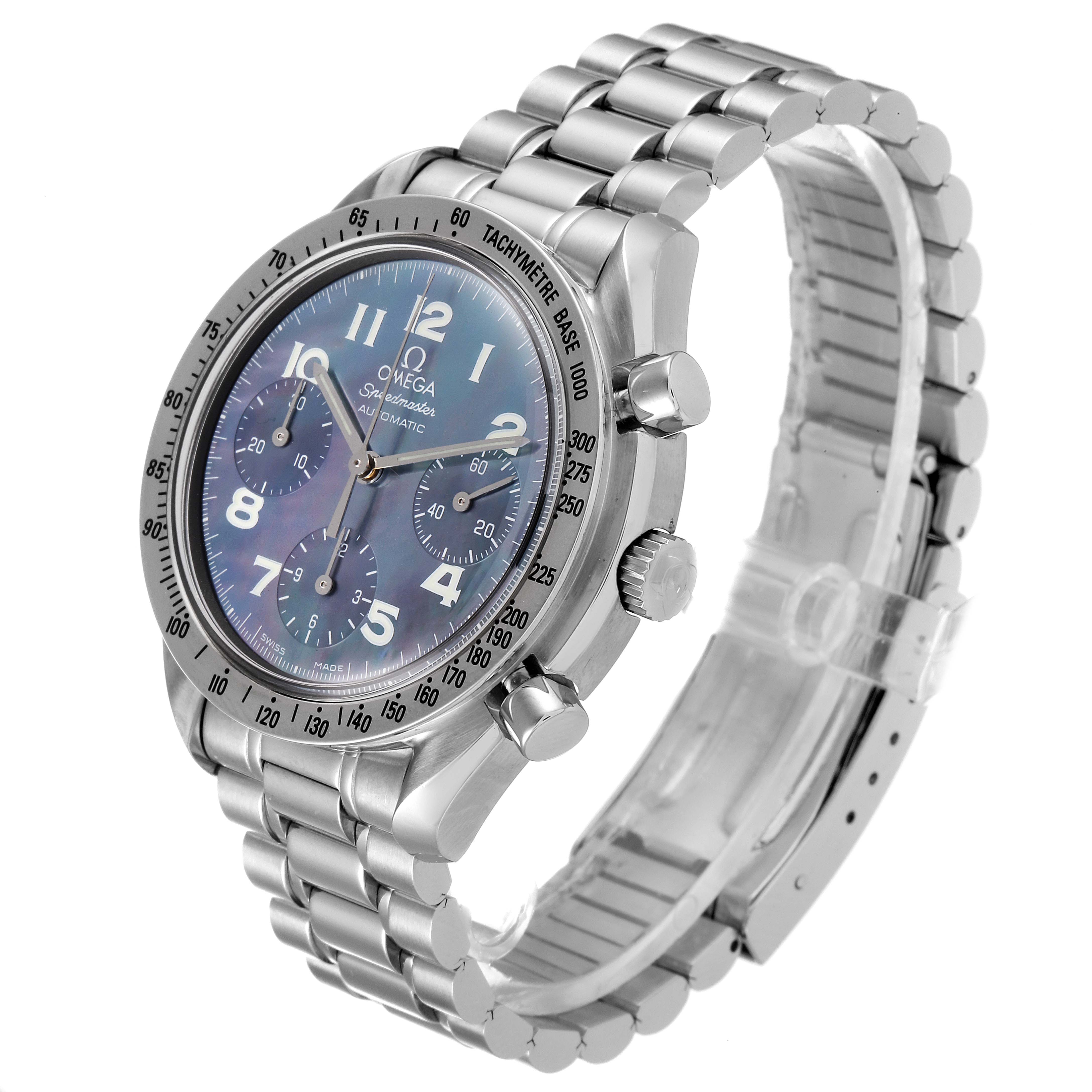 This image shows an Omega Speedmaster 3502.73.00 Men's Stainless Steel Mother of Pearl Dial 3502.73.00 Men's Stainless Steel Mother of Pearl Dial model watch at a three-quarter angle, highlighting its dial, bezel, pushers, and bracelet.