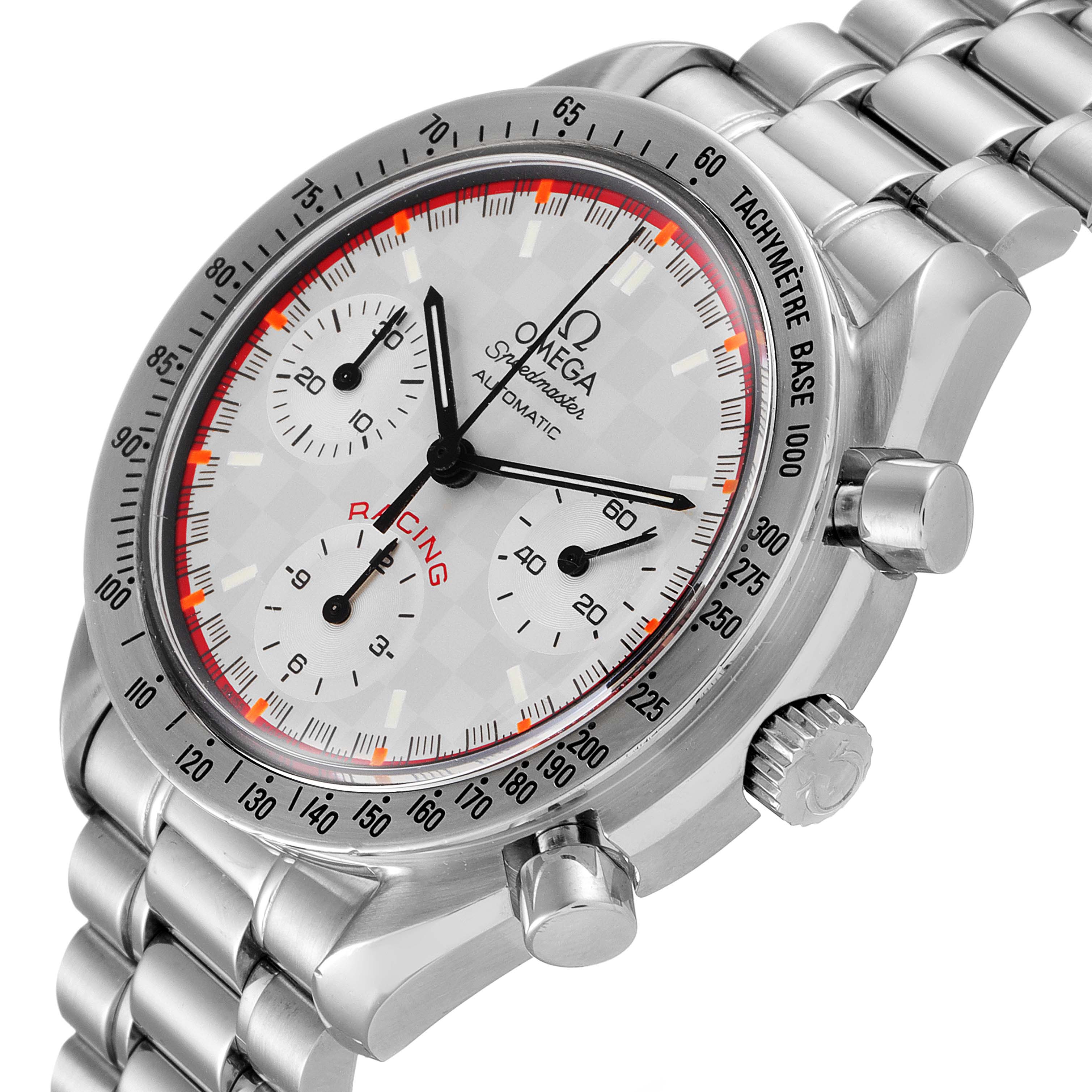 The image shows a close-up, angled view of an Omega Speedmaster 3517.30.00 Men's Stainless Steel Silver Dial 3517.30.00 Men's Stainless Steel Silver Dial Racing watch displaying the face, crown, and pushers.