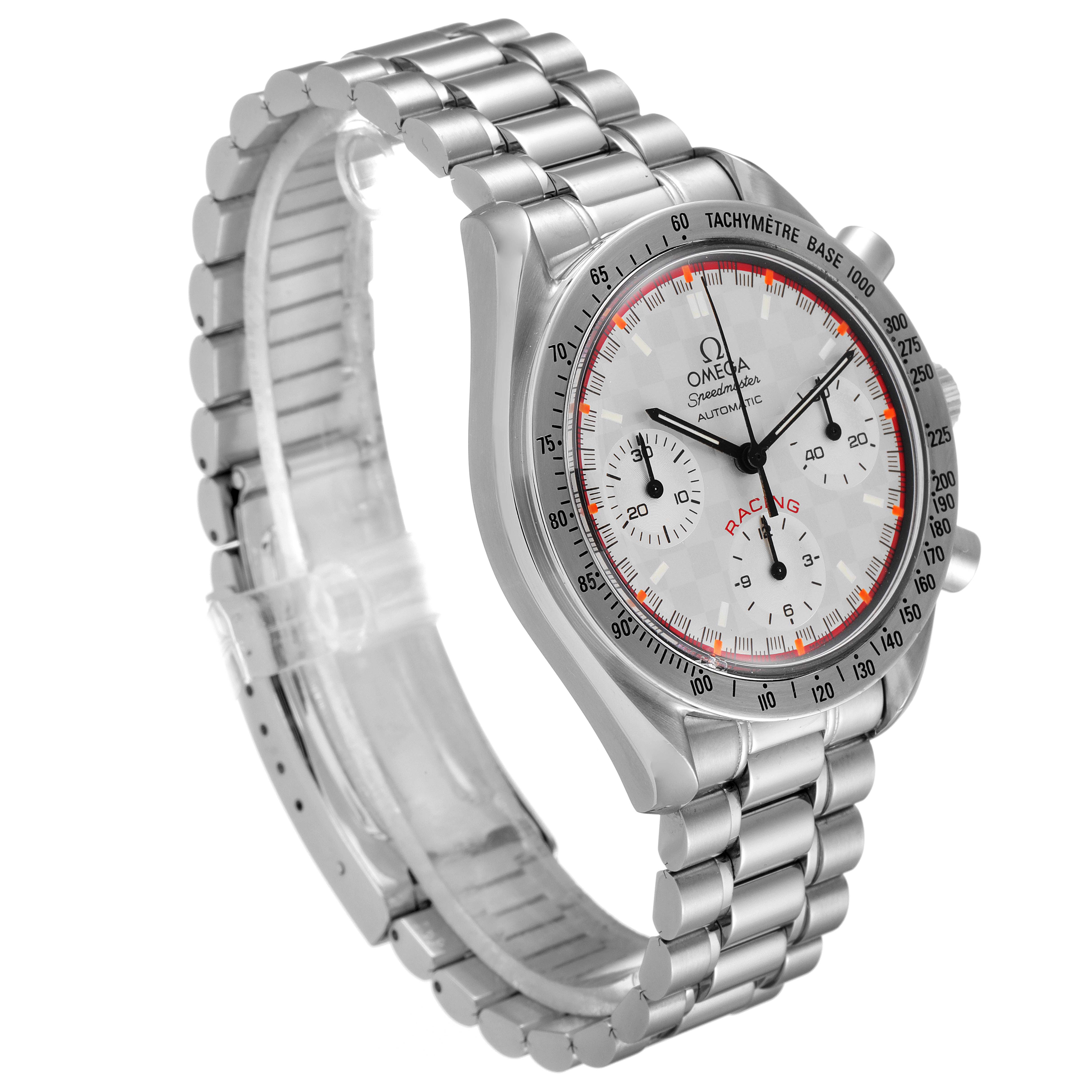 The image shows an Omega Speedmaster 3517.30.00 Men's Stainless Steel Silver Dial 3517.30.00 Men's Stainless Steel Silver Dial watch at a slightly tilted angle, highlighting the face, bezel, case, and metal bracelet.