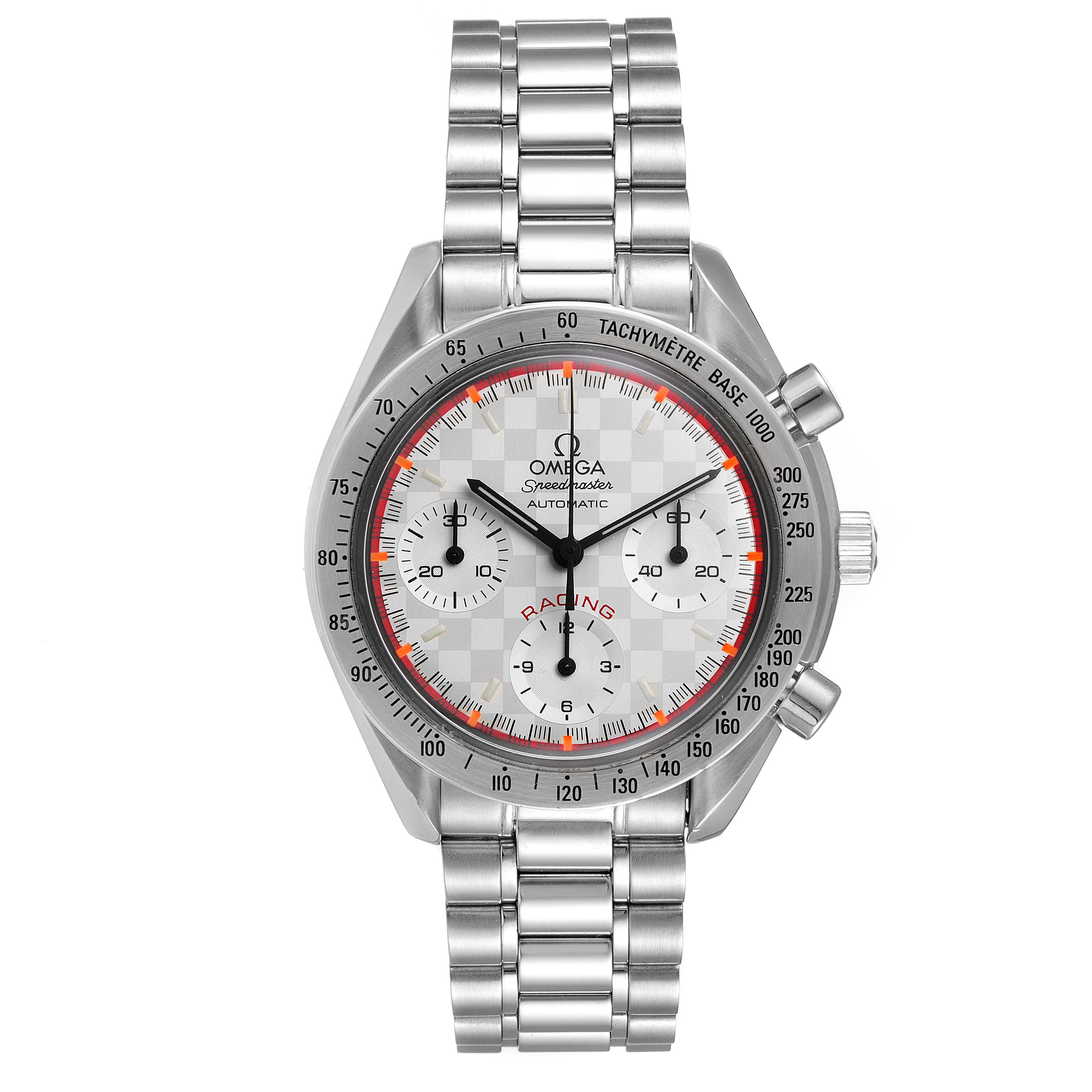The Omega Speedmaster 3517.30.00 Men's Stainless Steel Silver Dial 3517.30.00 Men's Stainless Steel Silver Dial watch is shown from the front, highlighting the dial, subdials, bezel, and stainless steel bracelet.