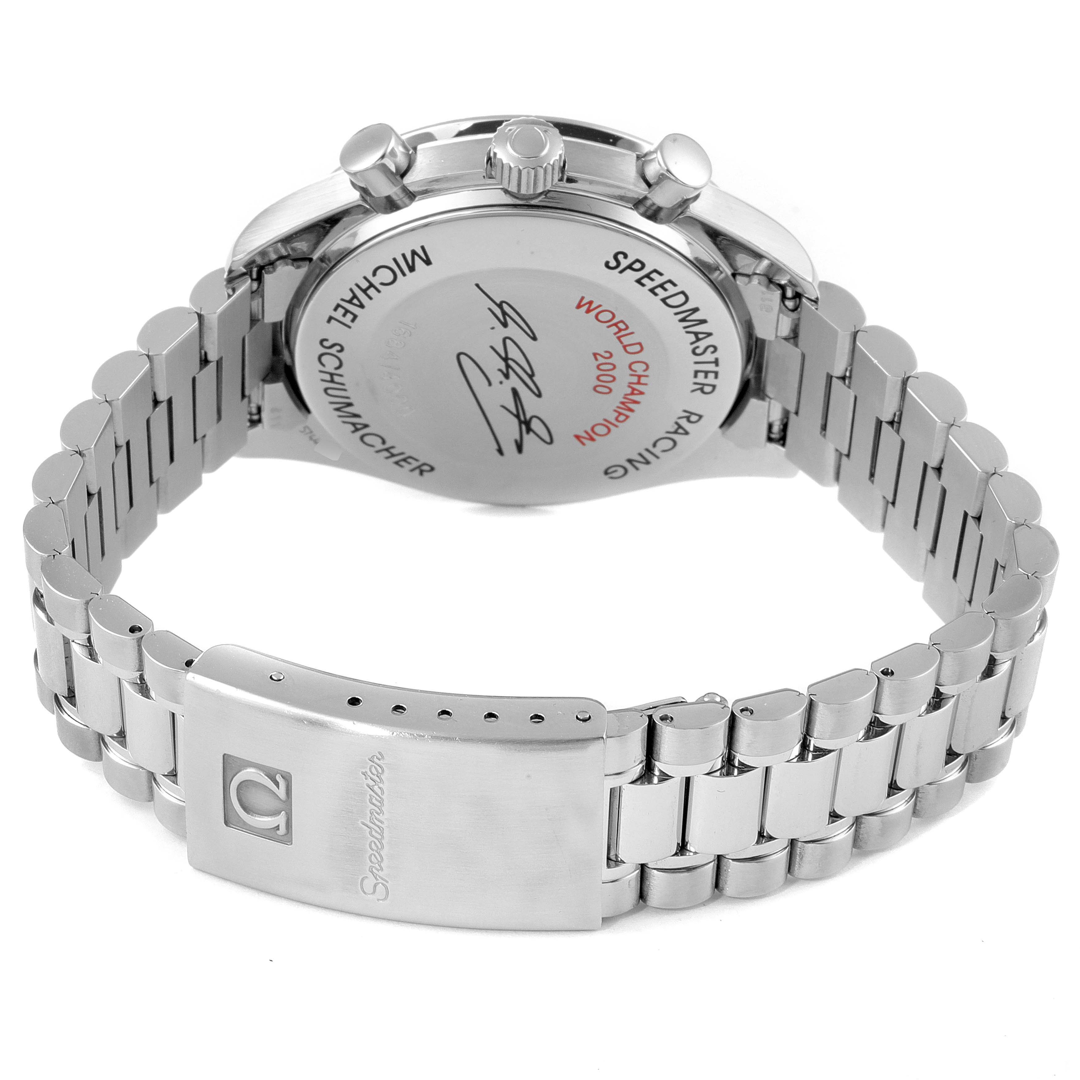 This Omega Speedmaster 3517.30.00 Men's Stainless Steel Silver Dial 3517.30.00 Men's Stainless Steel Silver Dial watch is shown from the back, displaying its case back and bracelet with a clasp.
