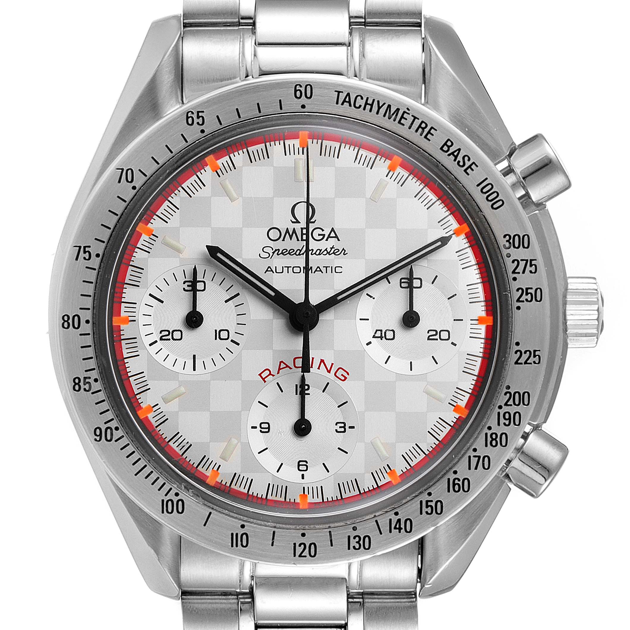 The image shows the front view of an Omega Speedmaster 3517.30.00 Men's Stainless Steel Silver Dial 3517.30.00 Men's Stainless Steel Silver Dial Racing watch, focusing on the dial and tachymeter bezel.