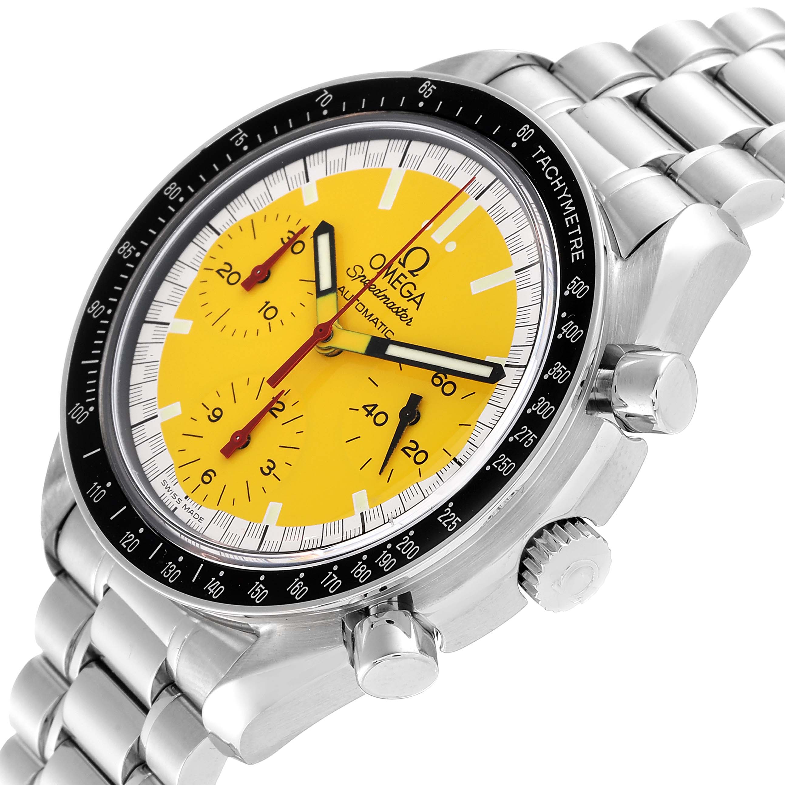 The Omega Speedmaster 3510.12.00 Men's Stainless Steel Yellow Dial 3510.12.00 Men's Stainless Steel Yellow Dial watch is shown at a three-quarter angle, displaying the yellow dial, chronograph subdials, and steel bracelet.