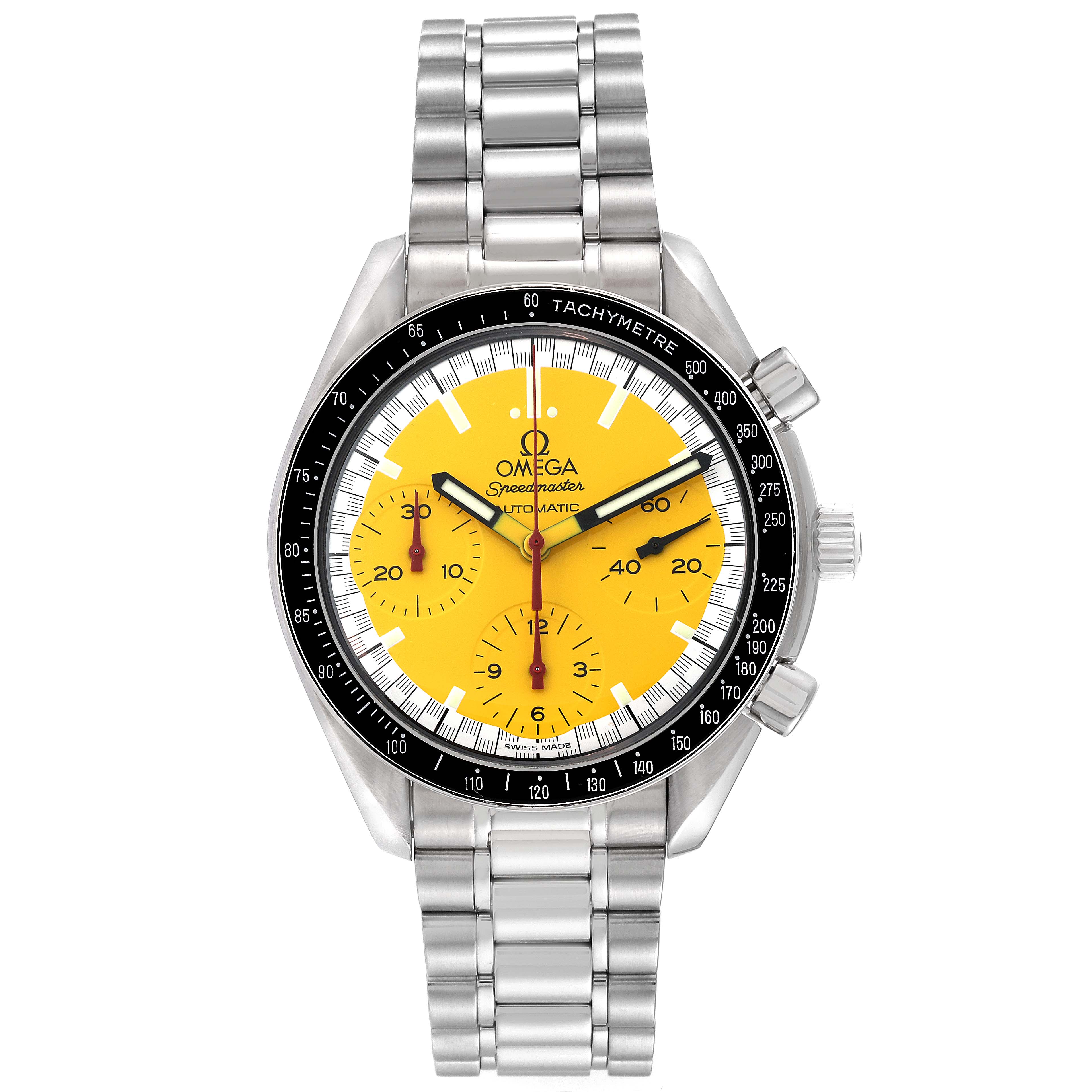 The image shows a front view of the Omega Speedmaster 3510.12.00 Men's Stainless Steel Yellow Dial 3510.12.00 Men's Stainless Steel Yellow Dial watch with a yellow dial, silver bracelet, and tachymeter bezel.