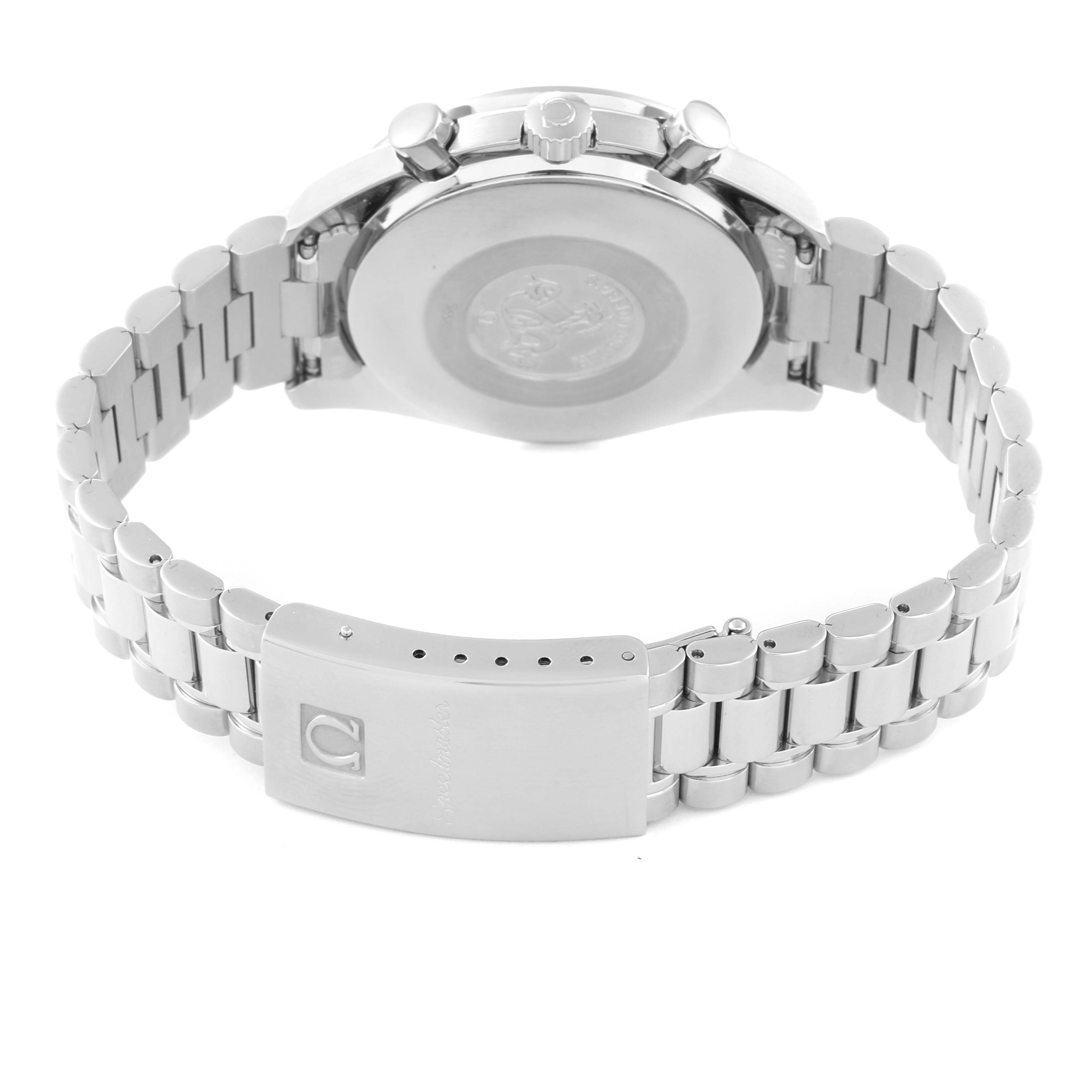 This image shows the back and clasp of an Omega Speedmaster 3510.12.00 Men's Stainless Steel Yellow Dial 3510.12.00 Men's Stainless Steel Yellow Dial watch, highlighting the bracelet and rear view of the case.