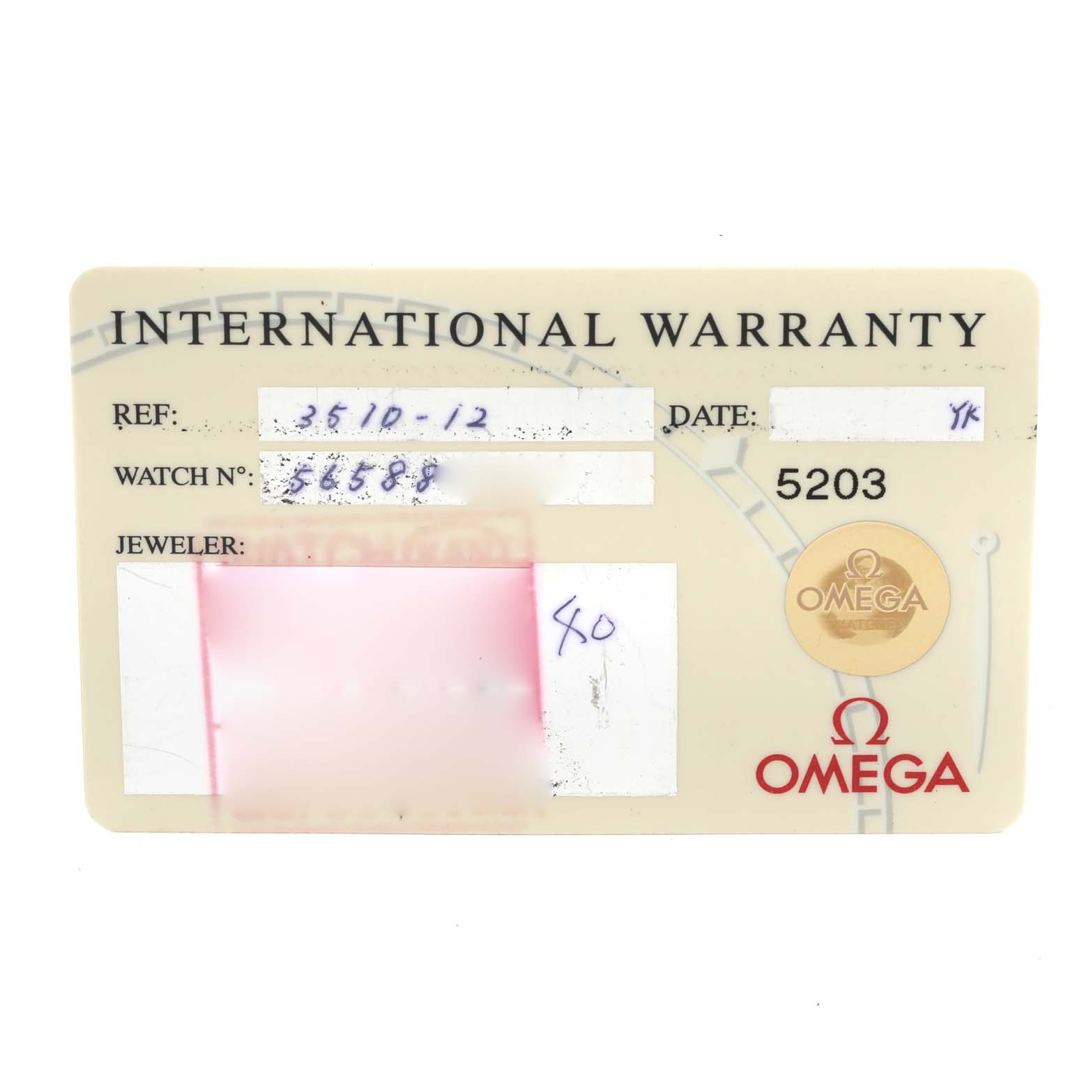 This image shows the front of the international warranty card for an Omega Speedmaster 3510.12.00 Men's Stainless Steel Yellow Dial 3510.12.00 Men's Stainless Steel Yellow Dial watch.