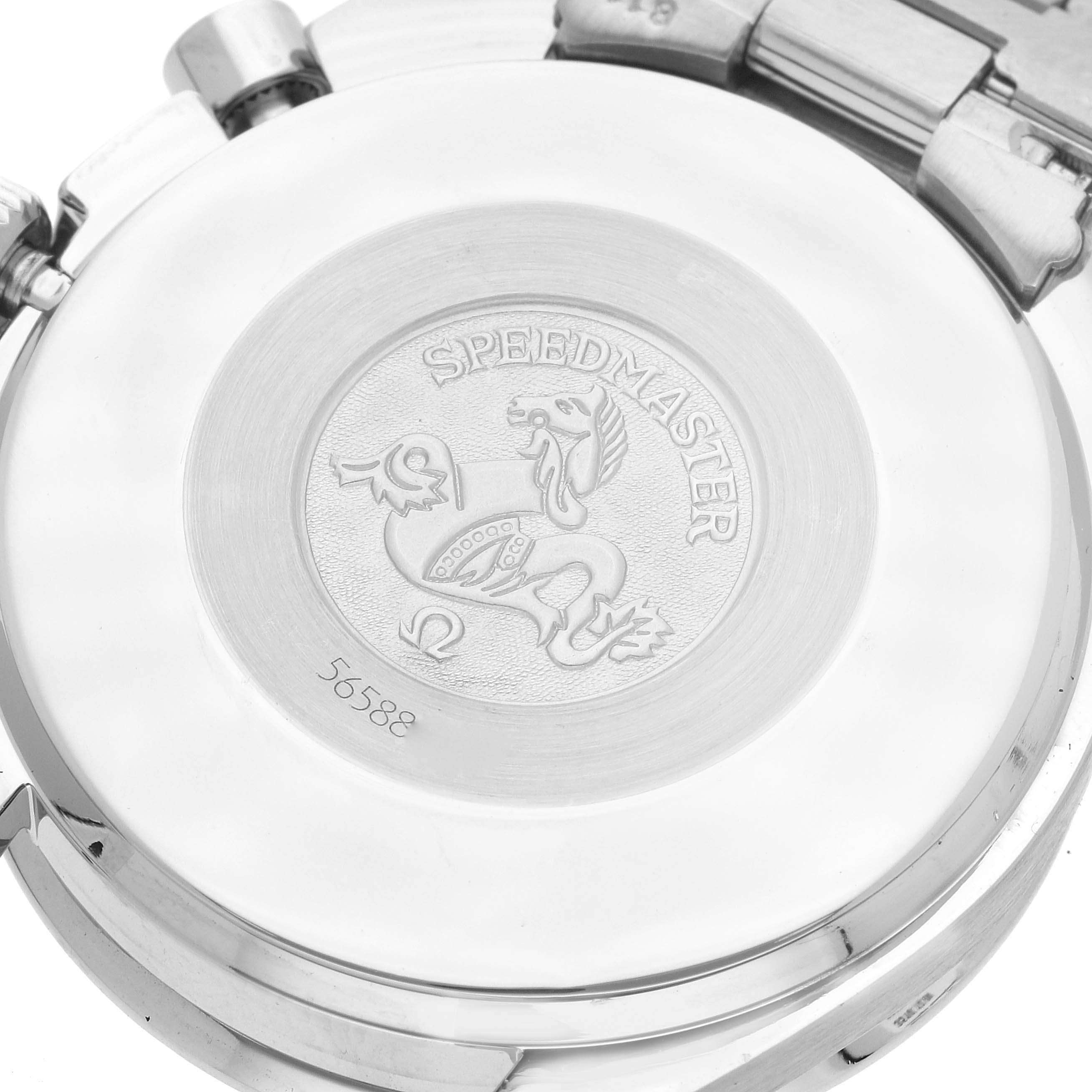 The image shows the back case of an Omega Speedmaster 3510.12.00 Men's Stainless Steel Yellow Dial 3510.12.00 Men's Stainless Steel Yellow Dial watch, highlighting its engraved logo and serial number.