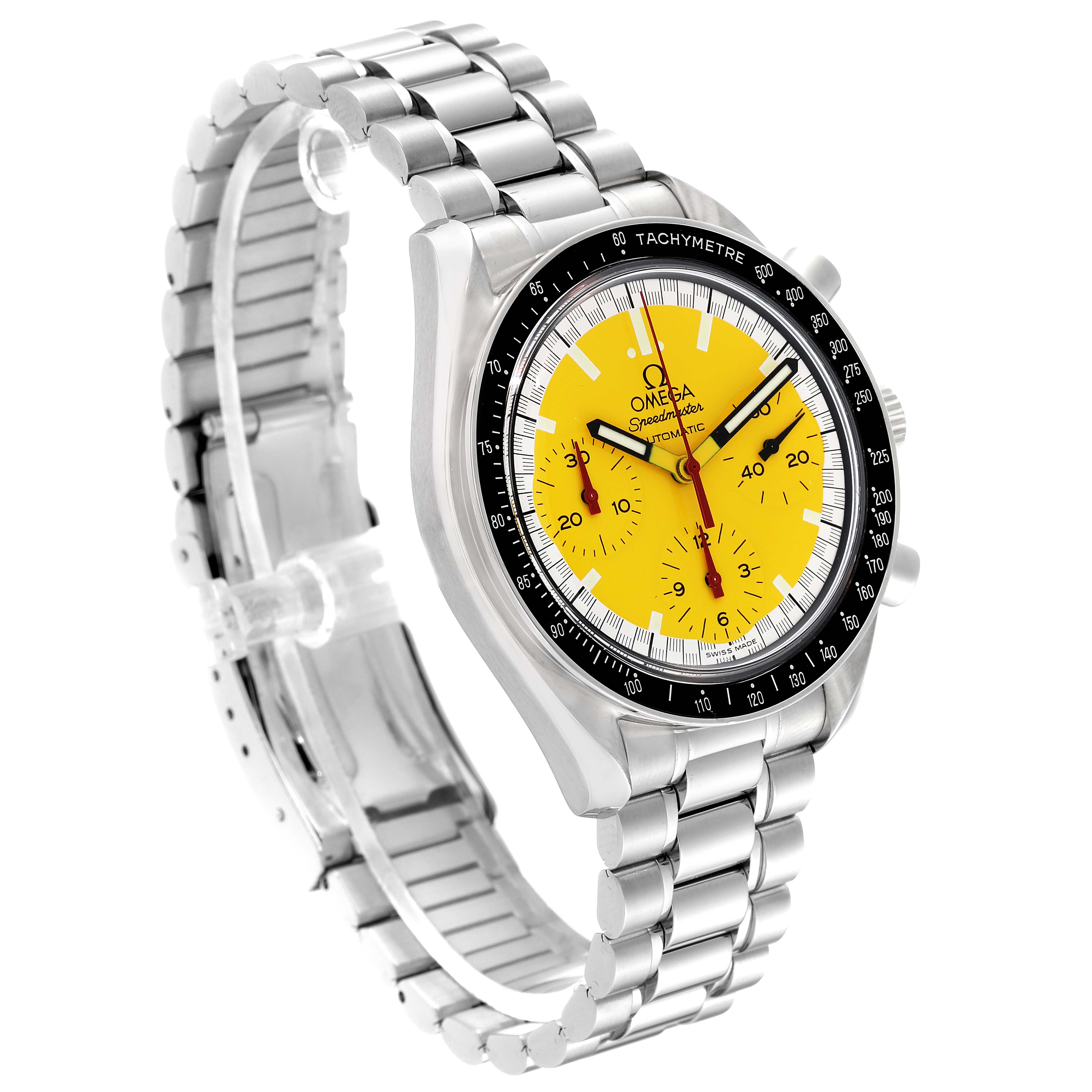 The Omega Speedmaster 3510.12.00 Men's Stainless Steel Yellow Dial 3510.12.00 Men's Stainless Steel Yellow Dial watch is shown at a three-quarter angle, displaying the dial, bezel, and bracelet.