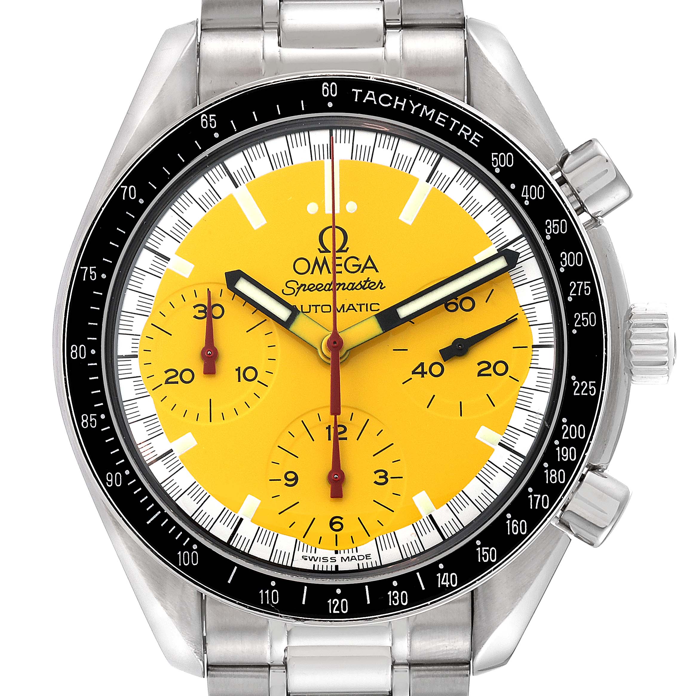 The image shows a front view of the Omega Speedmaster 3510.12.00 Men's Stainless Steel Yellow Dial 3510.12.00 Men's Stainless Steel Yellow Dial watch face with a yellow dial and tachymeter bezel.