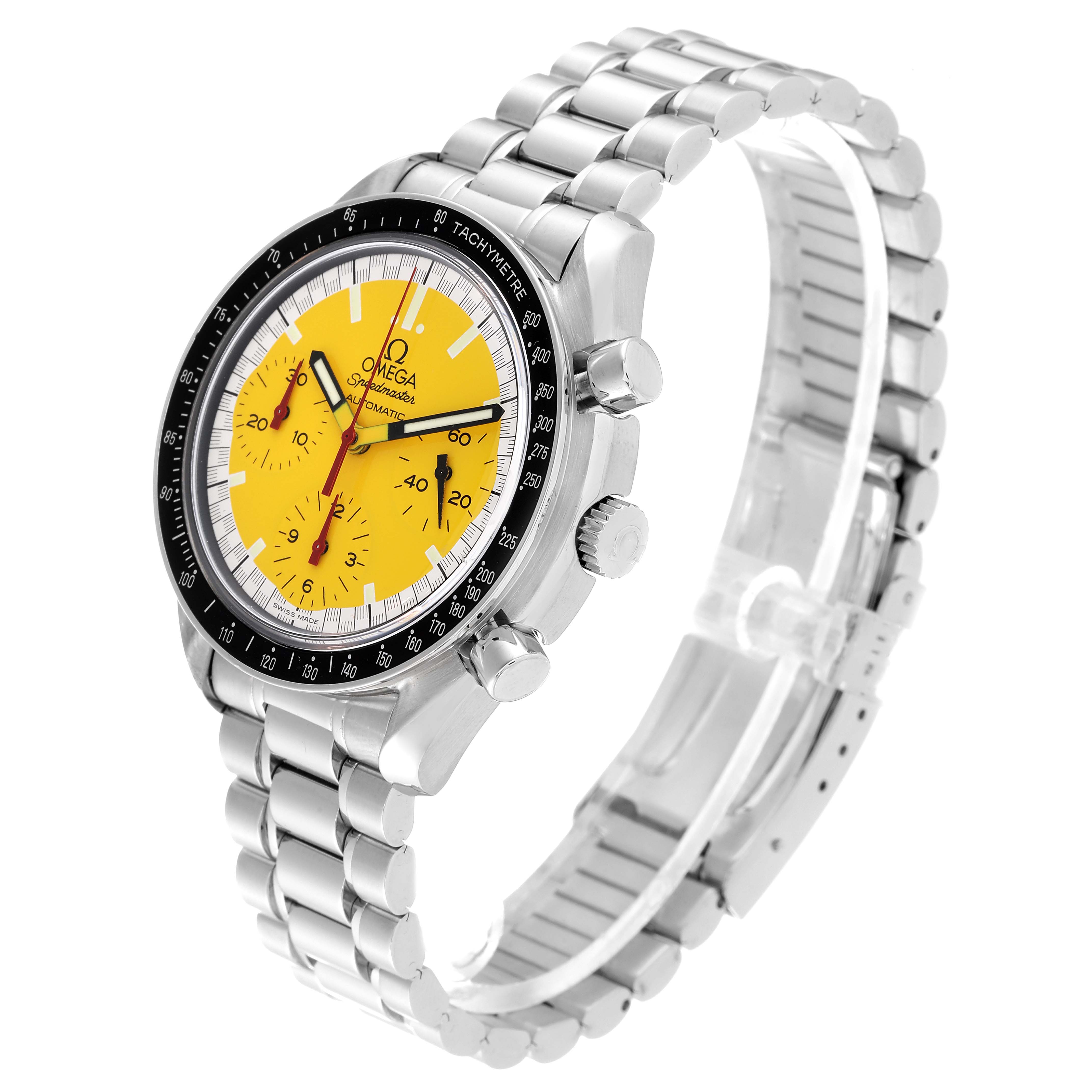 This image shows an angled view of the Omega Speedmaster 3510.12.00 Men's Stainless Steel Yellow Dial 3510.12.00 Men's Stainless Steel Yellow Dial watch, highlighting its yellow dial, chronograph buttons, and stainless steel bracelet.