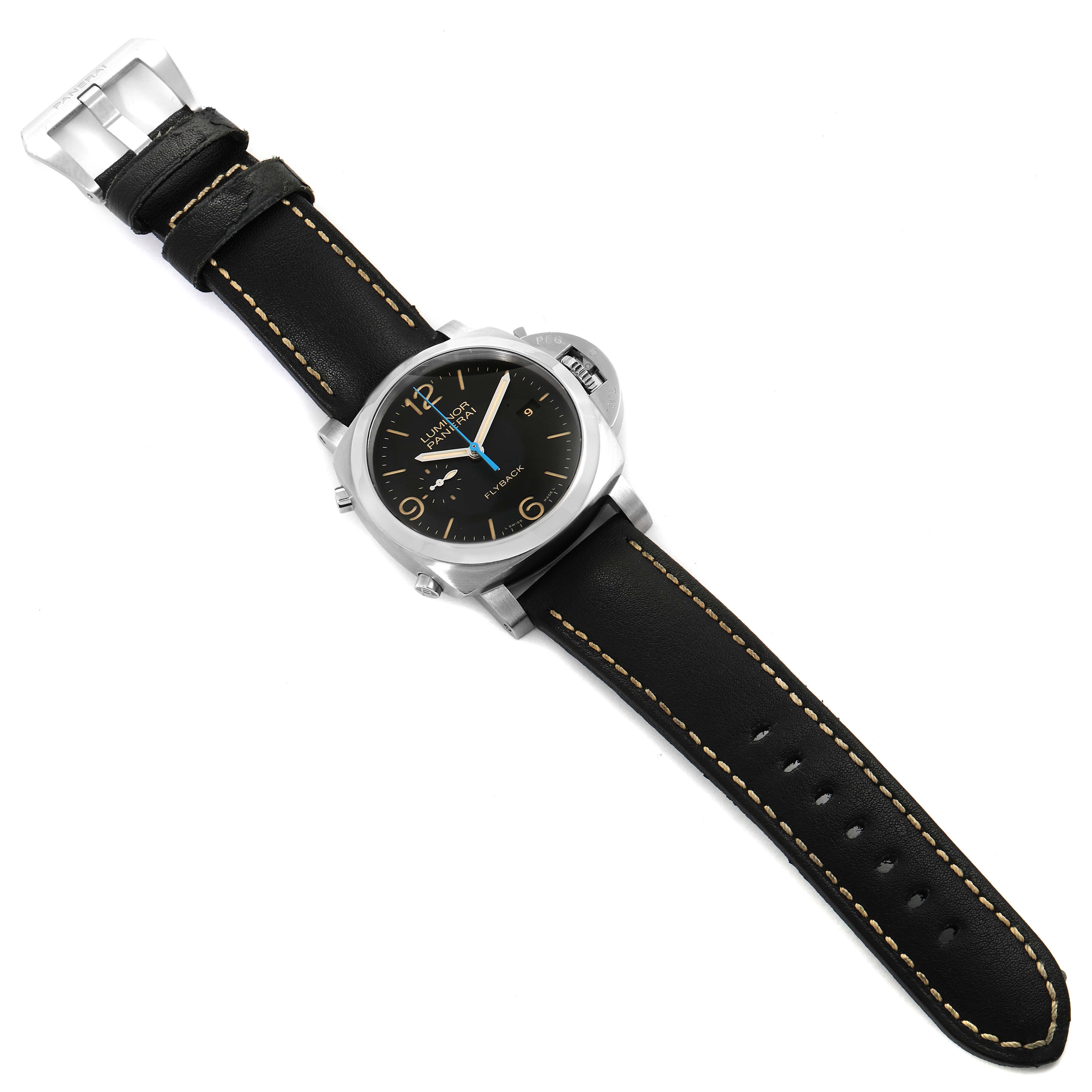 The image shows a Panerai Luminor PAM00524 Men's Stainless Steel Black Dial PAM00524 Men's Stainless Steel Black Dial watch from a top-down angle, displaying the watch face, case, and full leather strap.