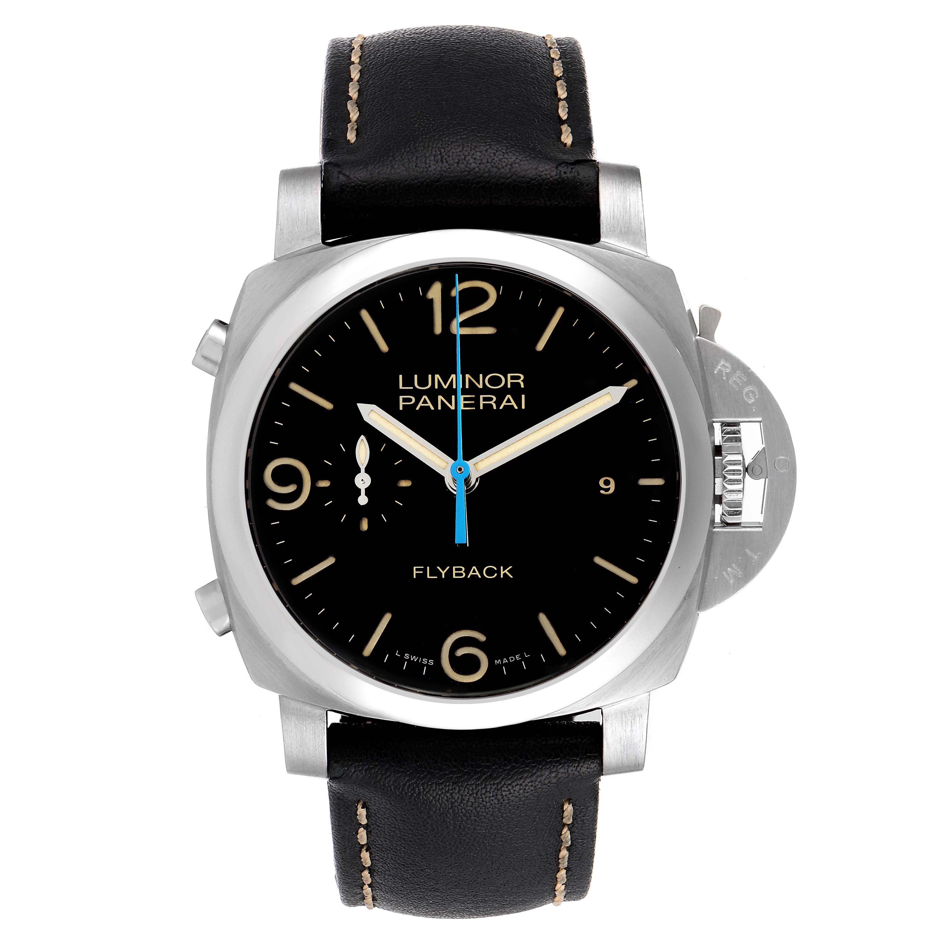 The Panerai Luminor PAM00524 Men's Stainless Steel Black Dial PAM00524 Men's Stainless Steel Black Dial watch is shown from a front angle, displaying the dial, crown, and leather strap.