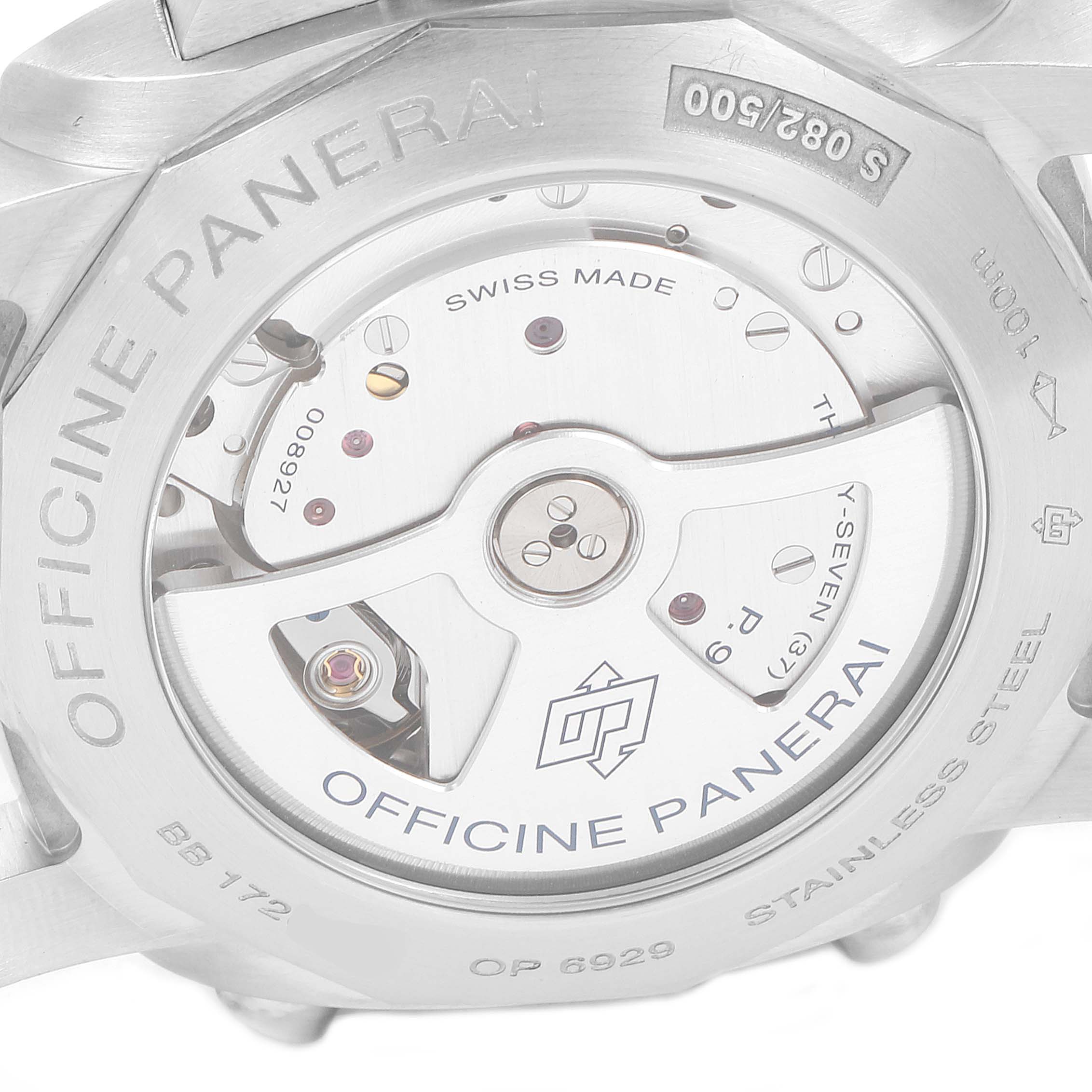 This image shows the back view of a Panerai Luminor PAM00524 Men's Stainless Steel Black Dial PAM00524 Men's Stainless Steel Black Dial watch, highlighting the exposed movement and engravings.