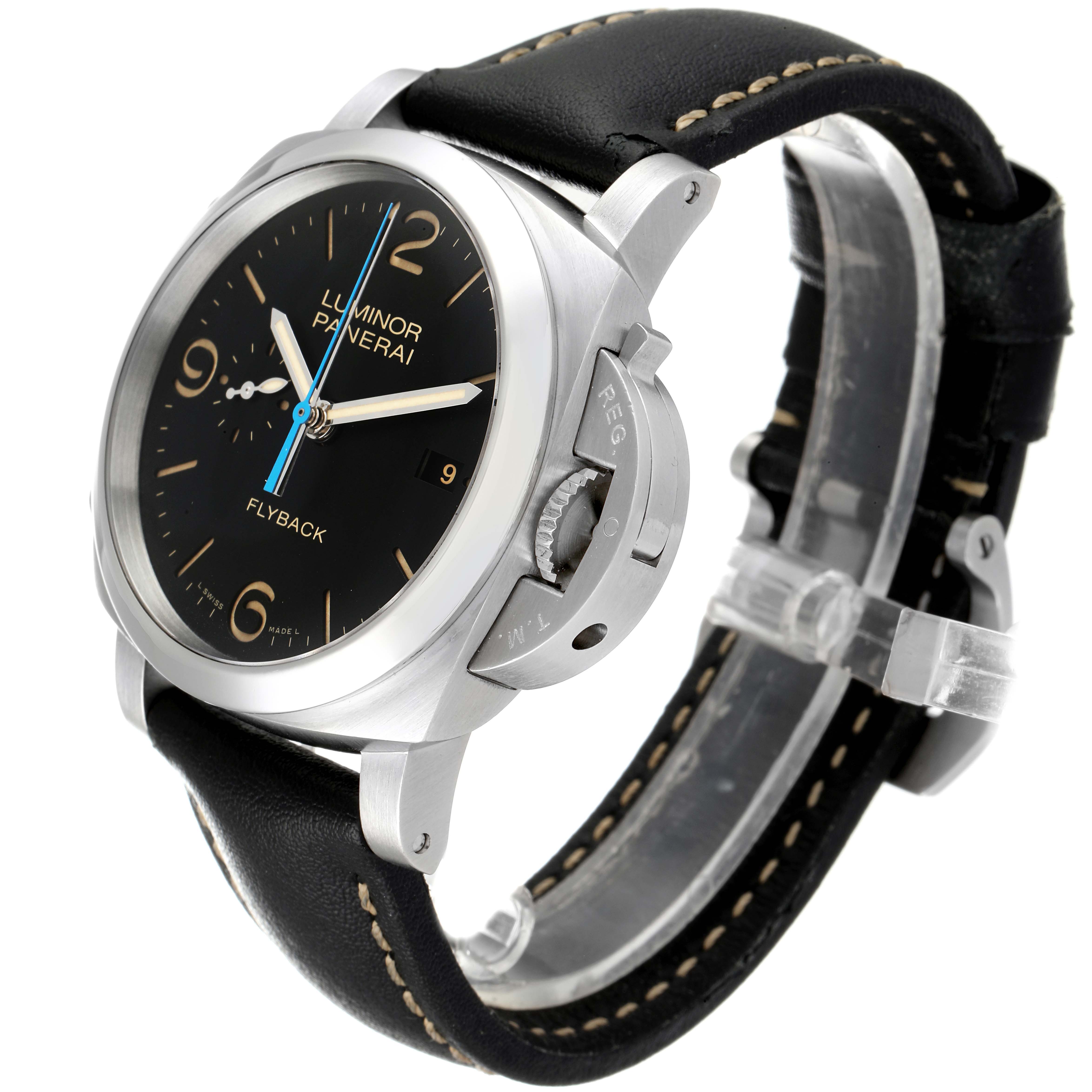 The image shows a side-angle view of a Panerai Luminor PAM00524 Men's Stainless Steel Black Dial PAM00524 Men's Stainless Steel Black Dial watch, highlighting its face, crown guard, and black leather strap.