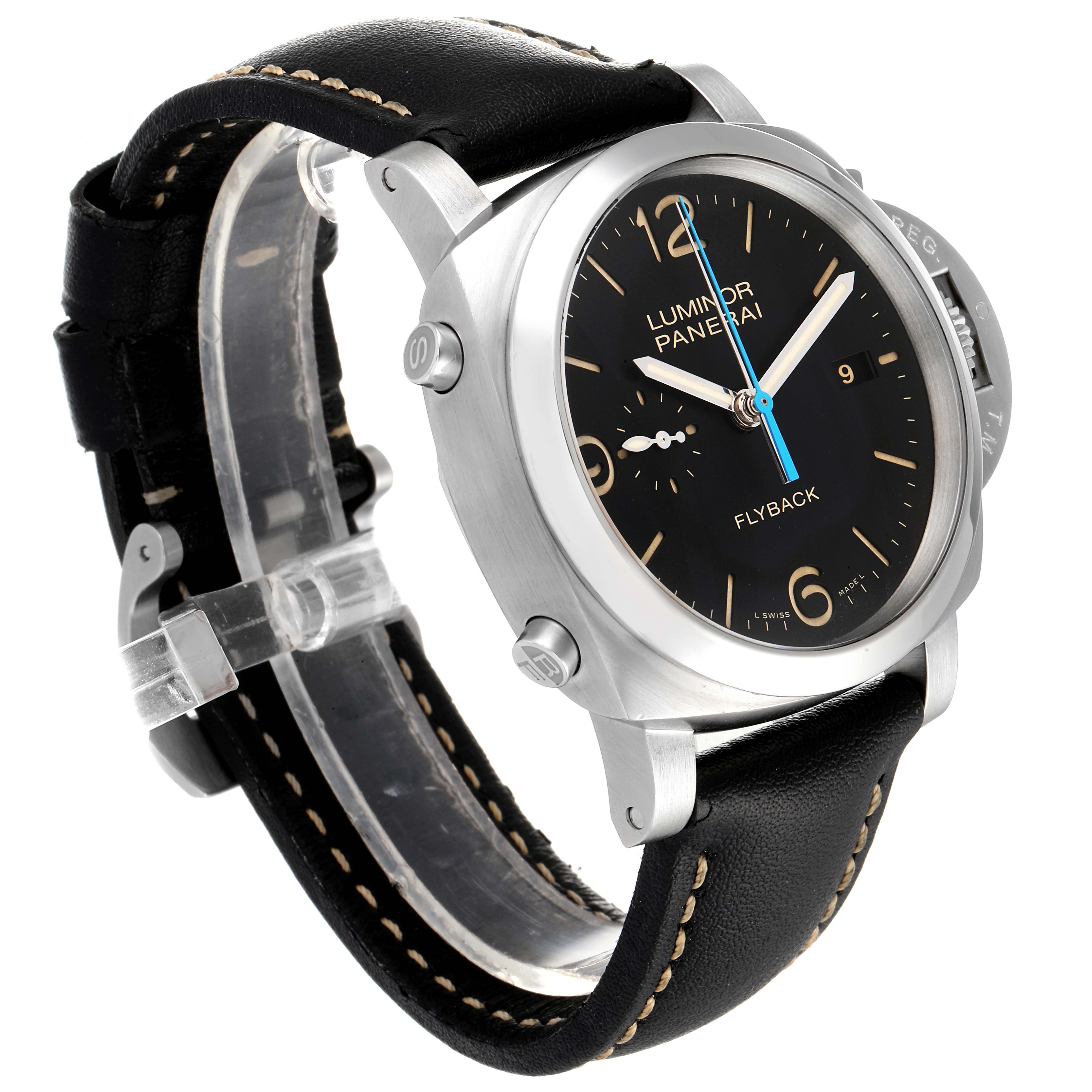 The Luminor Panerai watch is shown at a three-quarter angle, highlighting the face, crown guard, and leather strap with stitching.