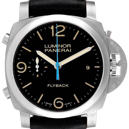 The Panerai Luminor model is shown from the front, displaying the dial, crown guard, and strap lugs.