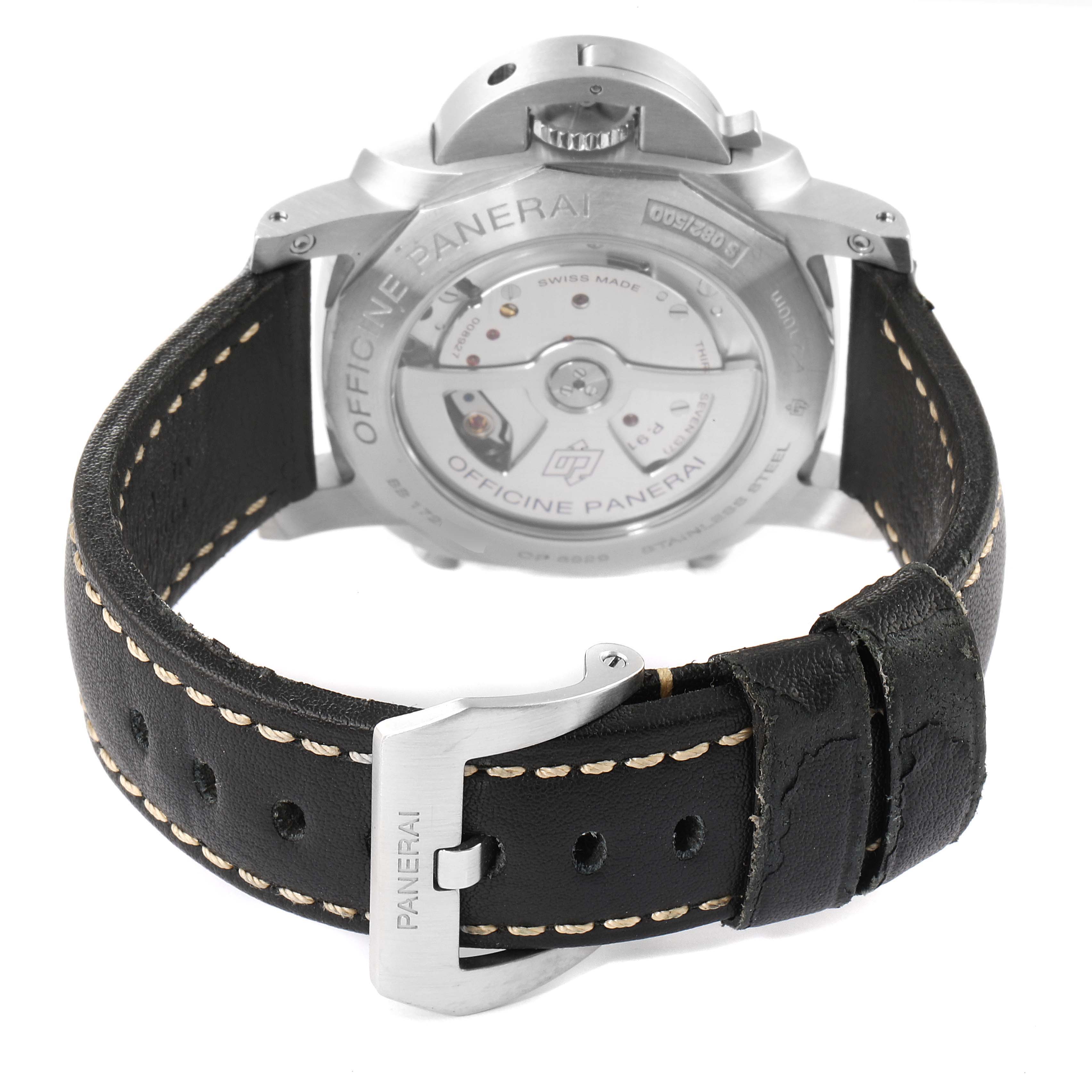 The image shows the back view of a Panerai Luminor PAM00524 Men's Stainless Steel Black Dial PAM00524 Men's Stainless Steel Black Dial watch, featuring its transparent case back and leather strap with stitching.
