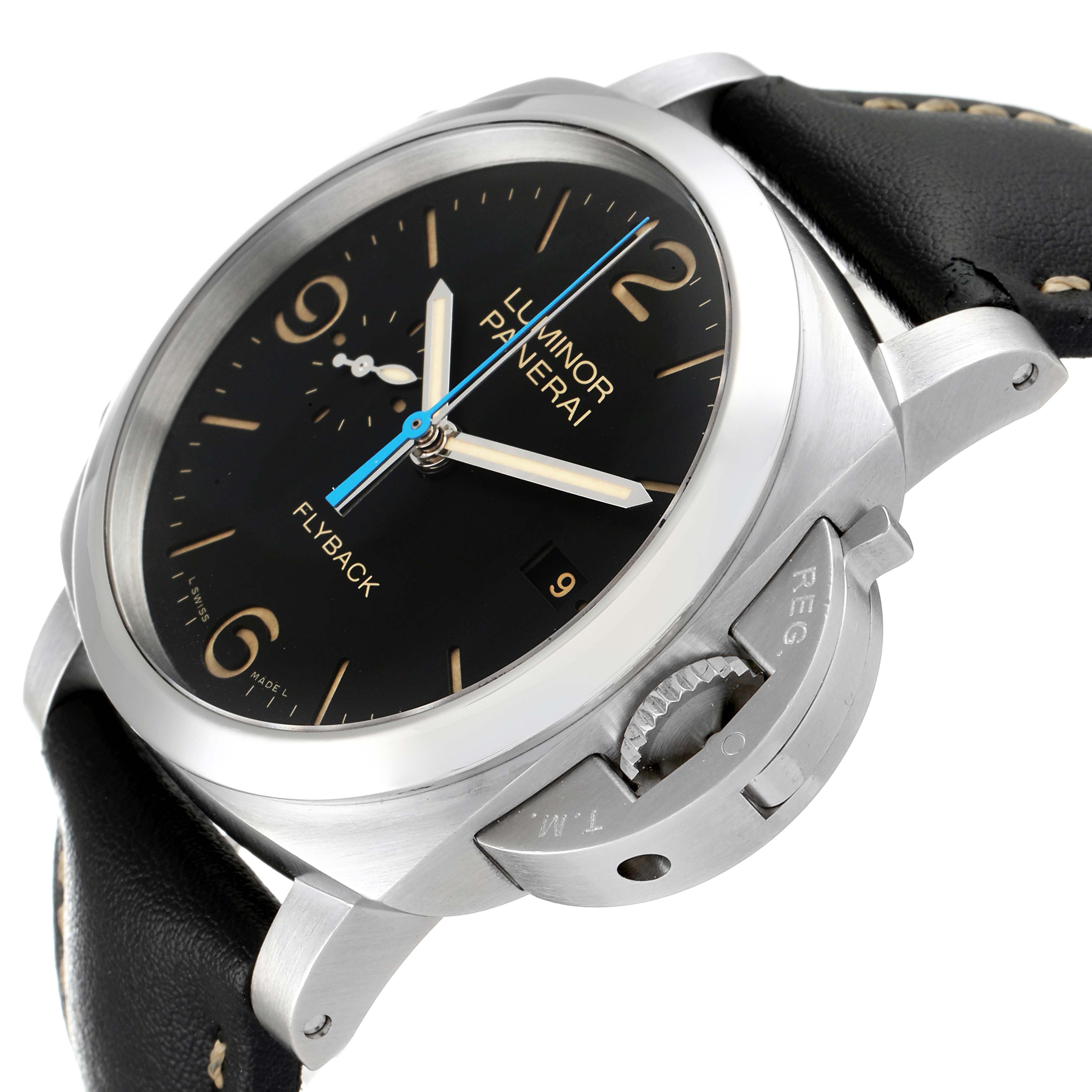 The Panerai Luminor PAM00524 Men's Stainless Steel Black Dial PAM00524 Men's Stainless Steel Black Dial watch is shown at an oblique angle, highlighting the dial, bezel, crown guard, and part of the black leather strap.
