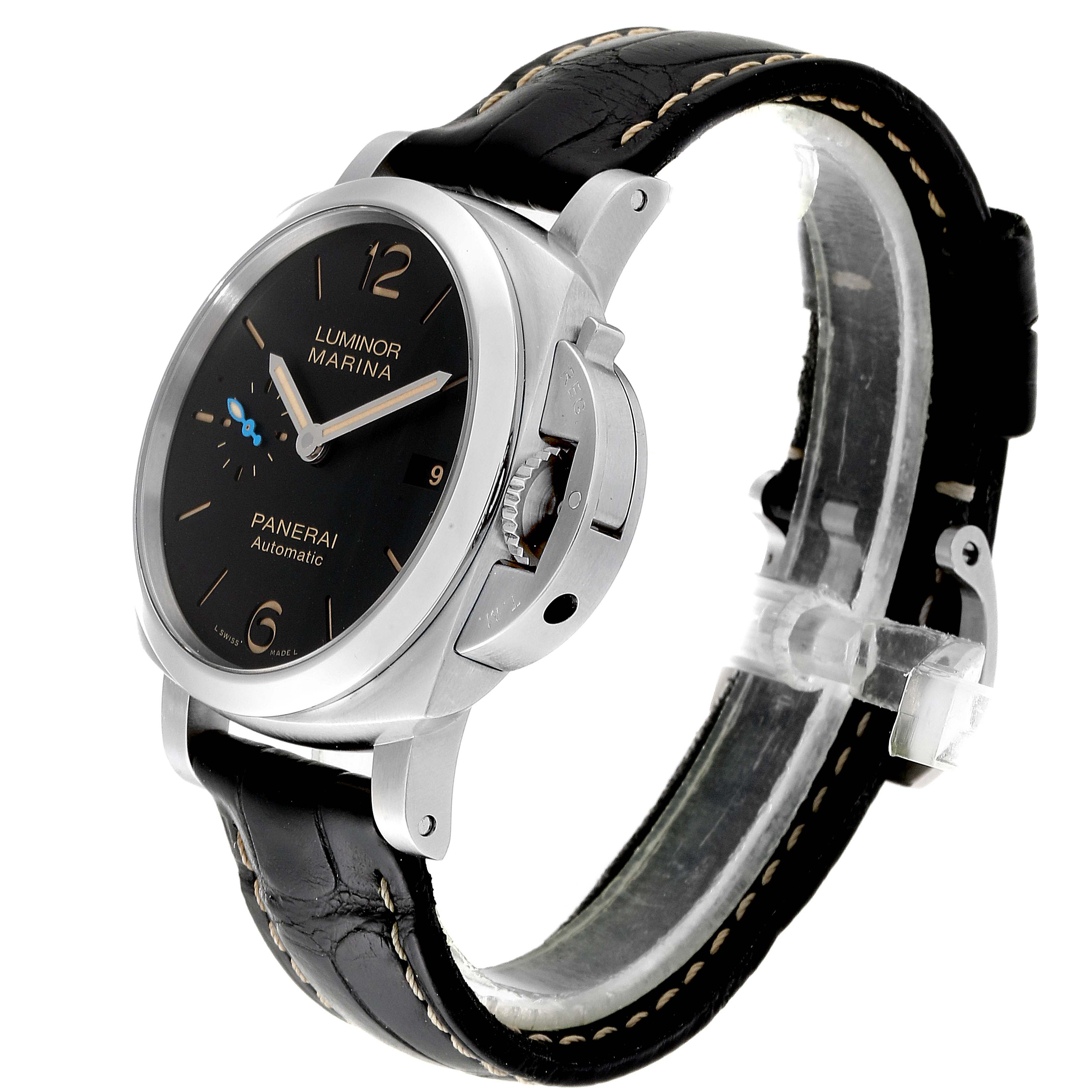 The Panerai Luminor PAM01392 Men
s Stainless Steel Black Dial PAM01392 Men
s Stainless Steel Black Dial watch is shown from a slight side angle, highlighting its face, crown guard, and black leather strap.